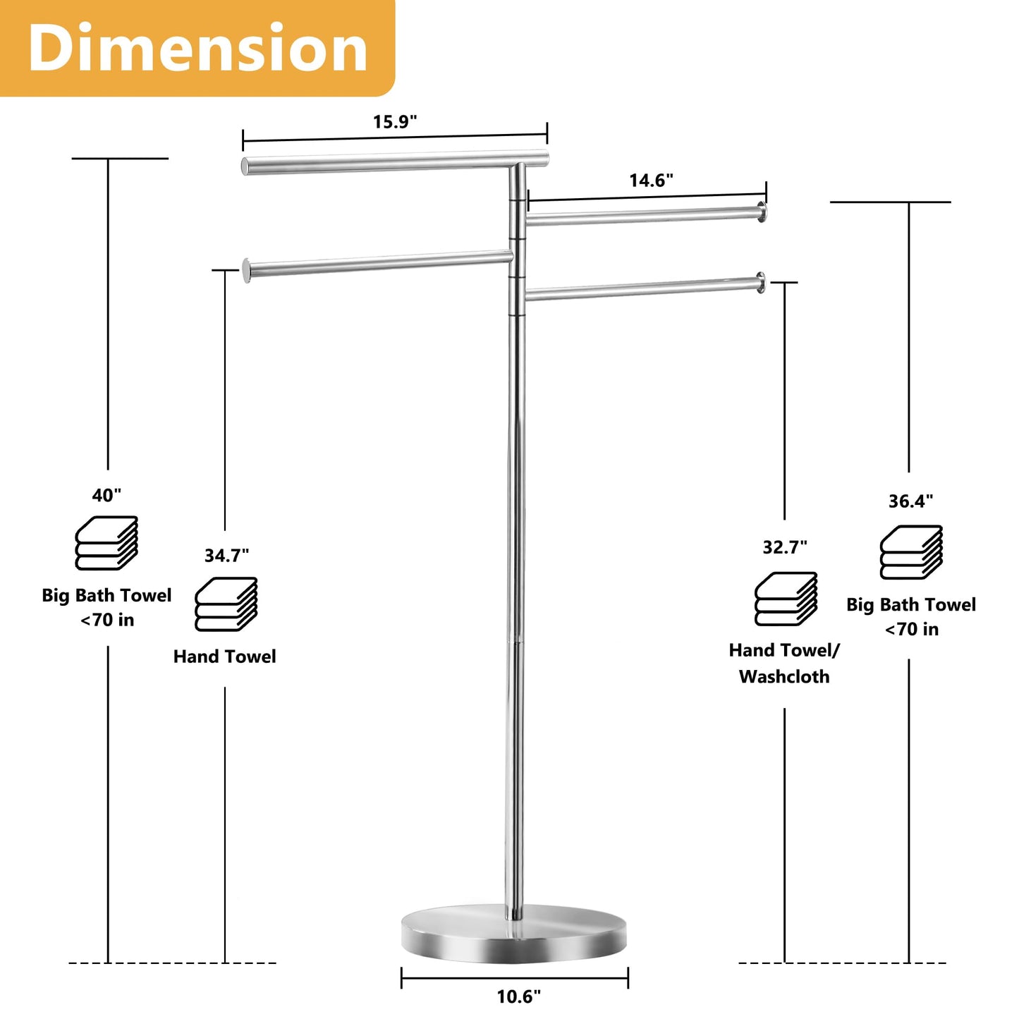 Towel Rack Bathroom, 40 Inch Tall Free Standing Towel Rack Stand with Weighted Base, Modern Floor Towel Drying Storage Holder with 4 Swivel Arms, Stainless Steel Chrome, YOFOVI