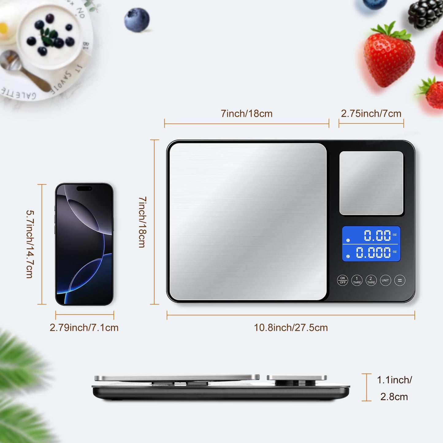 Food Scale, 15kg x 0.01g Digital Kitchen Scale Cooking and Baking, Dual Precision Food Weight Scale with Backlit LCD Display, Tare, Accumulation Function, 7 Units, Including 2 AAA Batteries