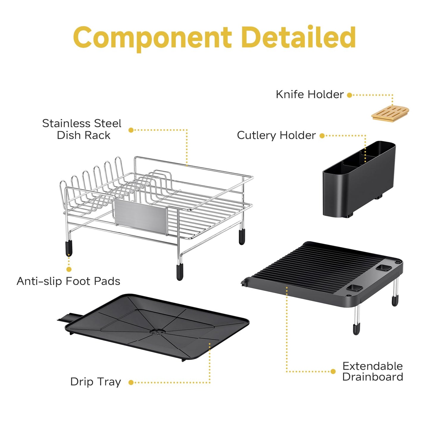 Urackify Expandable Dish Drying Rack Stainless Steel Dish Rack with Drainboard Set Dish Drainer for Kitchen Counter Large Capacity Dish Dryer Rack with 360° Swivel Spout