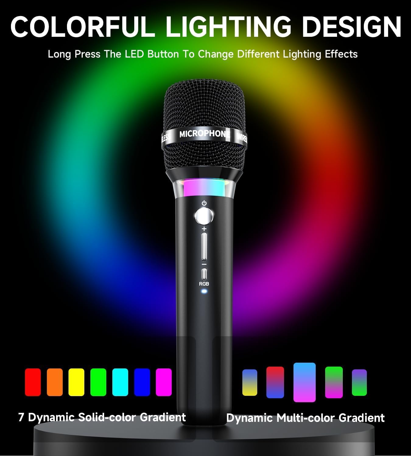 Wireless Microphone, Rechargeable Wireless Microphones with One-to-One Chip Connection and LED Lights, 40H Duration, 200FT Range Receiving, Less Latency Karaoke Microphone for Singing (Black)