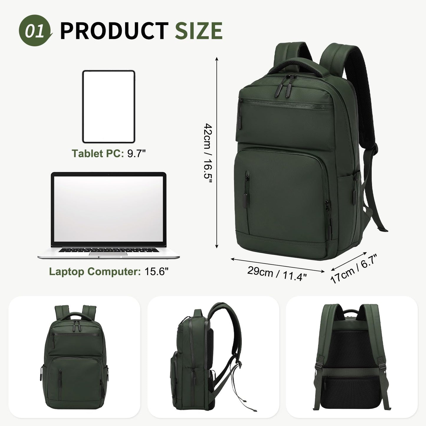 SUIKIHUM Waterproof Laptop Backpack for Men & Women, Flight Approved Anti-Theft Daypack with 15.6-inch Laptop Sleeve (Green)