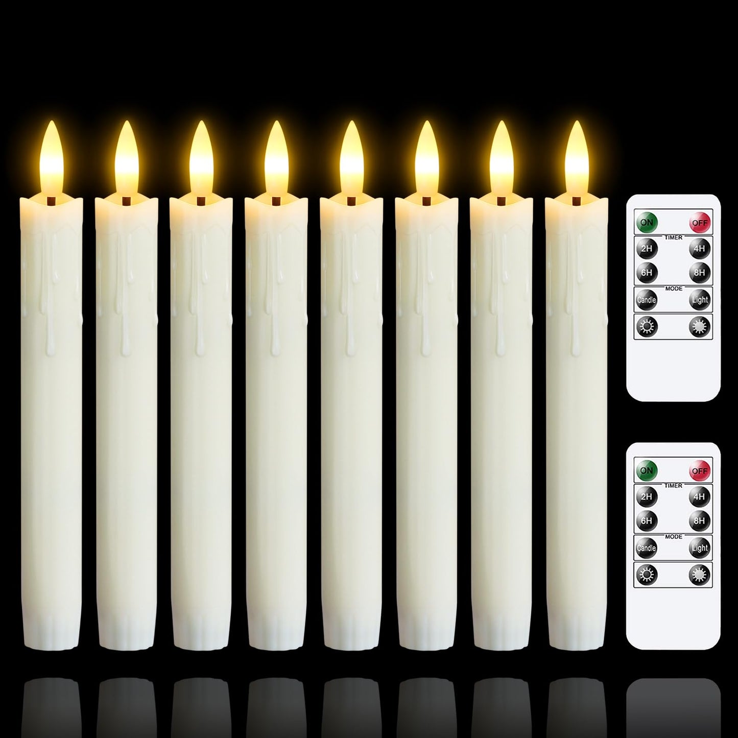 Mavandes Flameless Flickering Taper Candles Two Remote, 7.5 Inch Ivory Battery Operated LED Window Candles Timer,Set of 8 Plastic Dripping-Wax Effect Flameless Candlesticks(0.86” Dia,Warm Fire)