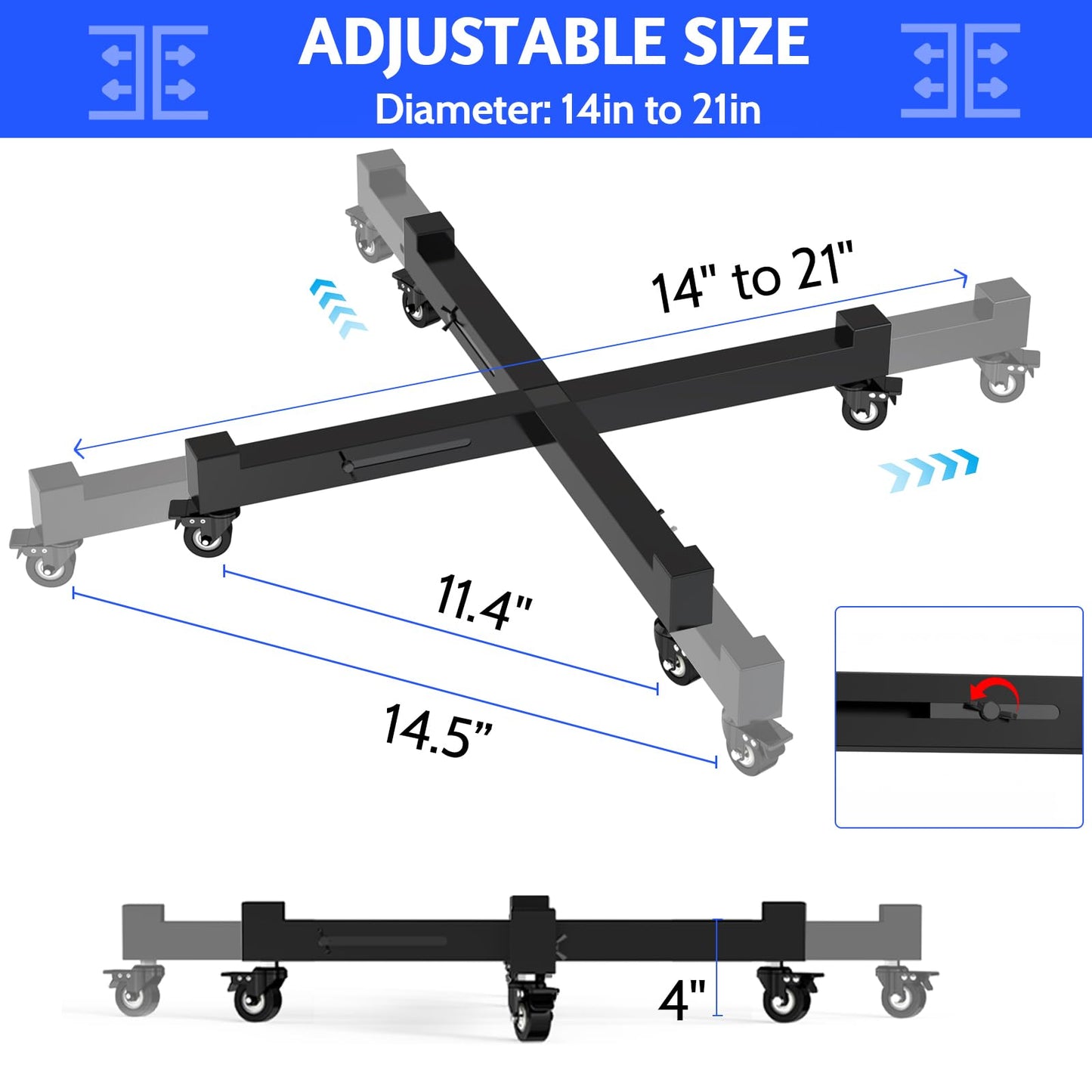 Plant Caddy With Wheels, Adjustable 14in to 21inch Heavy Duty Rolling Plant Dolly, Metal Plant Stand With 4 Lockable Caster Wheels, For Indoor Outdoor Pots Planter, Holds Up to 500 Lbs, Moving Dolly