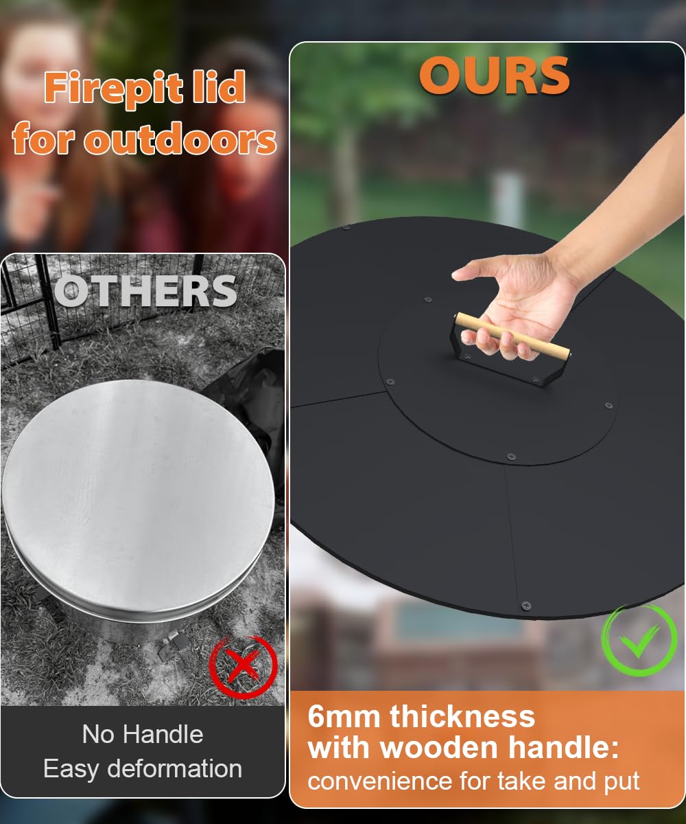 Ardier 28" Wooden-Handle Fire Pit Lid for Pits up to 26", Round Metal Bonfire Pit Burner Pan Cover, Smokeless Fire Pit Cover for Fire Tables, All-Weather Resistance Outdoor Firepit Accessory