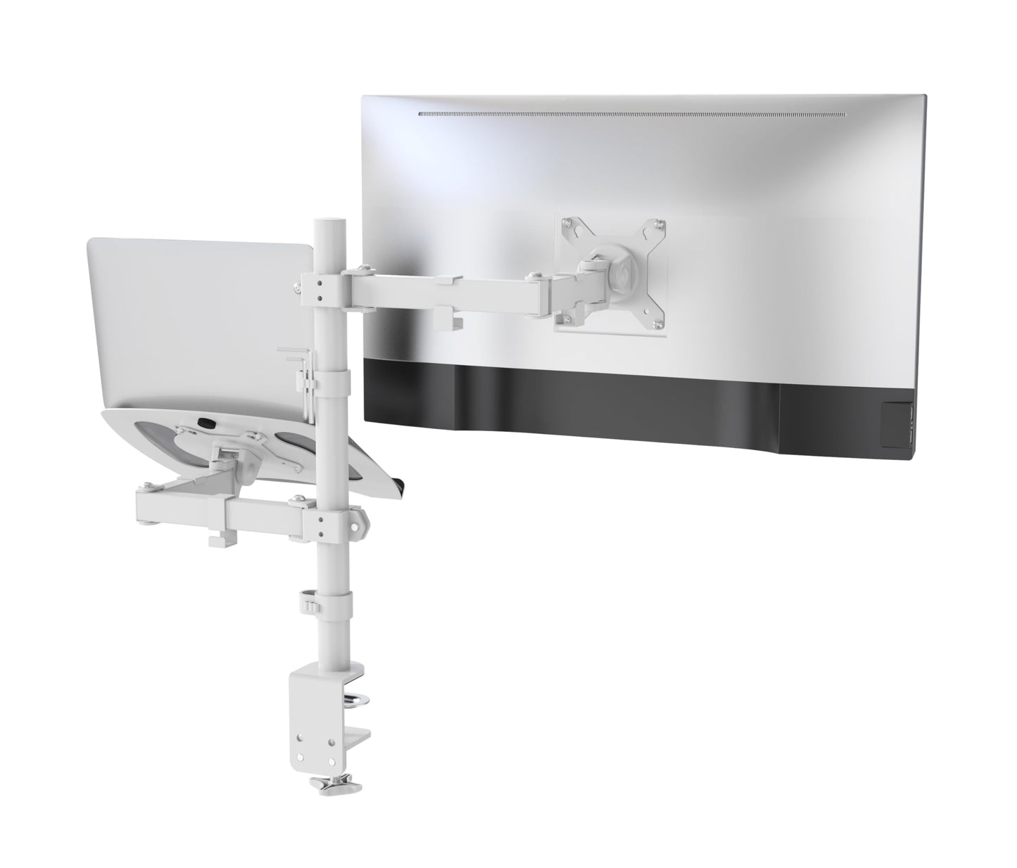 SHOPPINGALL Fully Adjustable Dual Monitor & Laptop Mount Stand Notebook Desk Mount with Tray with 2 Swing Arms for Monitors up to 32" Laptops up to 17", with Clamp and Grommet Mounting - SA-LH07-White