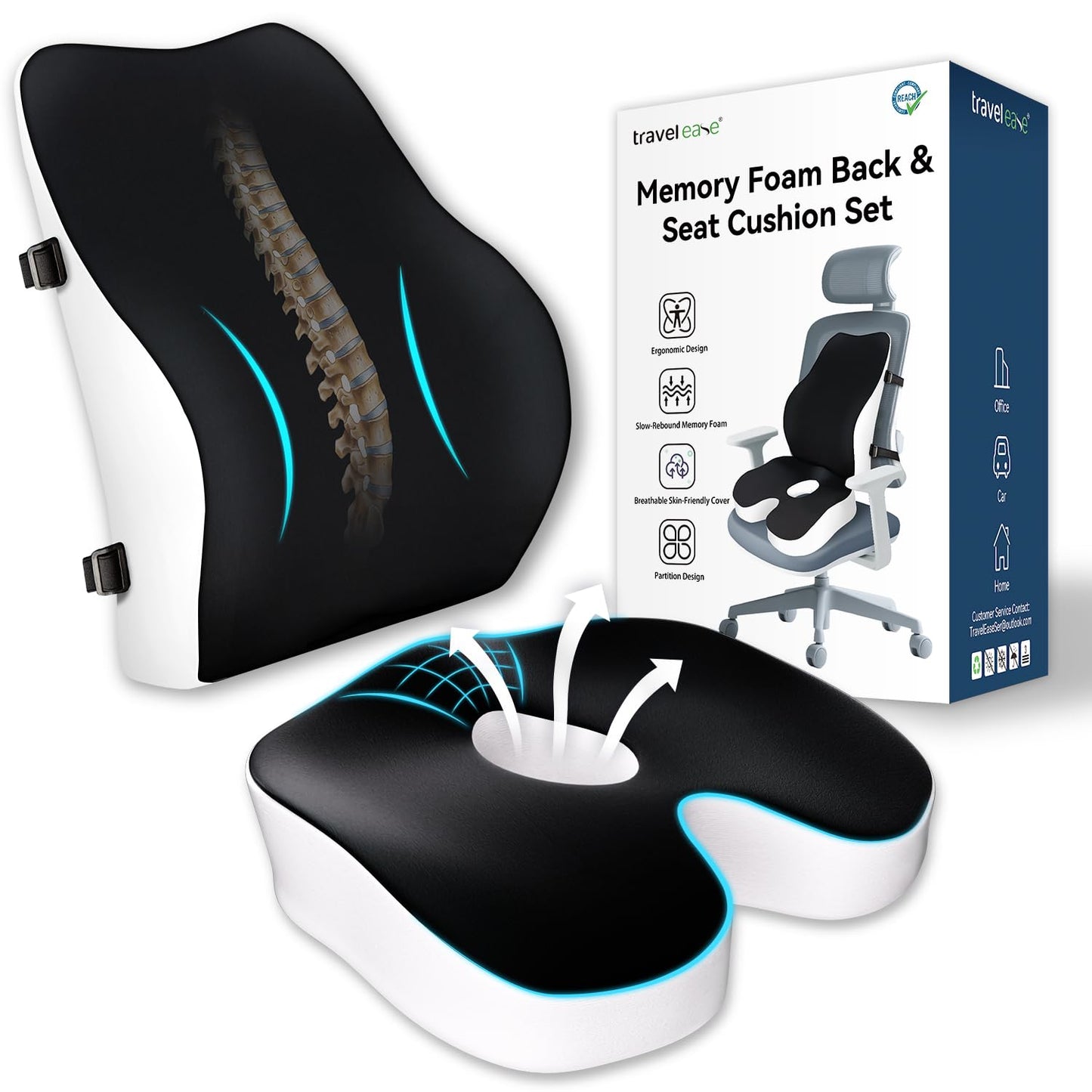 Travel Ease Memory Foam Seat Cushion & Lumbar Support Pillow Set, Ergonomic Comfort for Office Chair, Car Seat, Home Use & Travel, Chair Pad for Back and Butt Support, Black