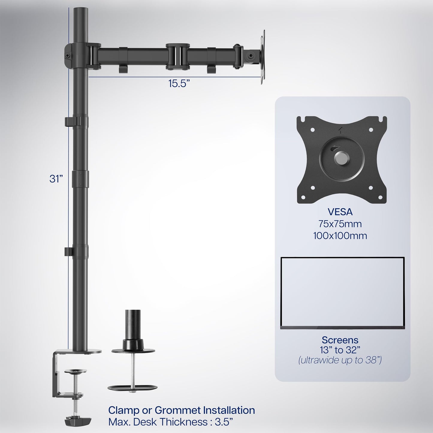 VIVO Single Monitor Desk Mount, Extra Tall Fully Adjustable Stand for 1 LCD Screen up to 32 inches, Ultra Wide Screens up to 38 inches, 22 lbs Capacity, STAND-V001T