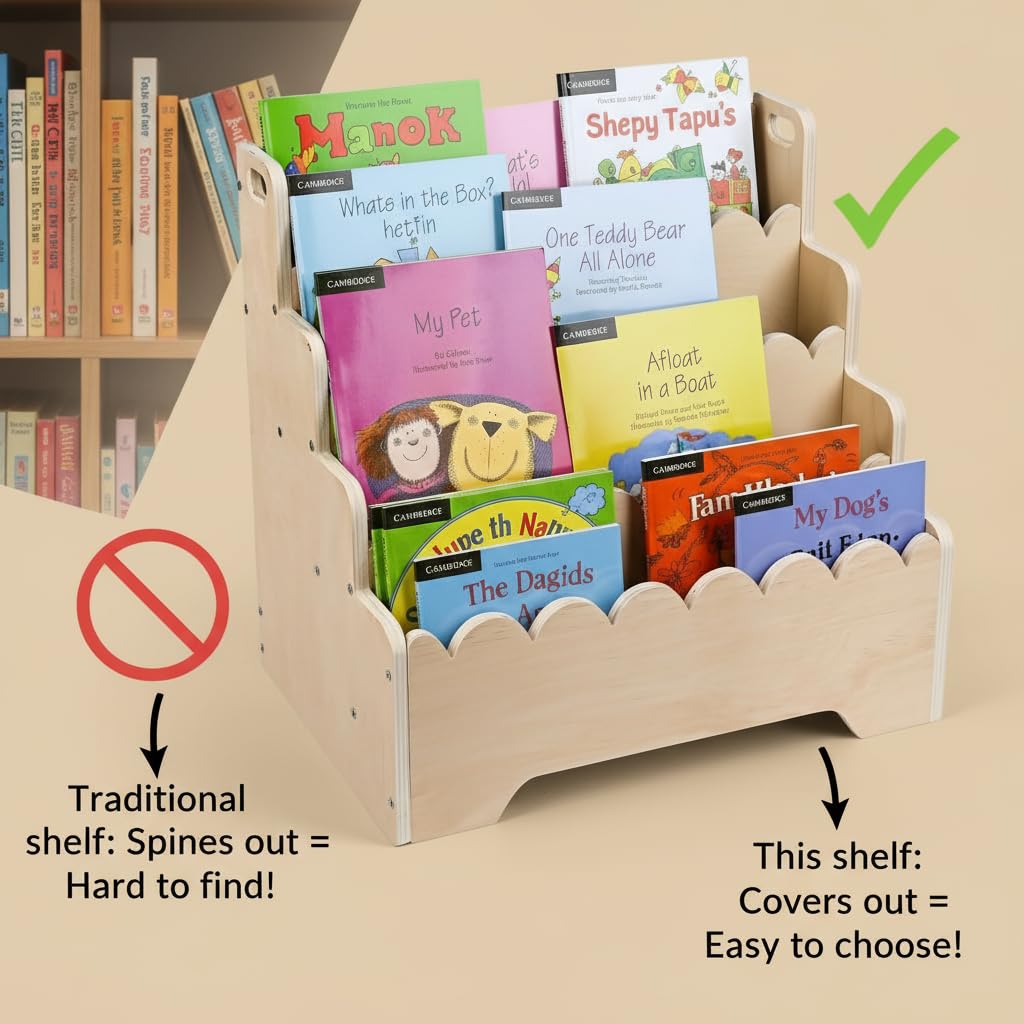 Wooden Tiered Montessori Kids Bookshelf & Portable Baby Book Organizer – Front-Facing 4-Tier Display Shelf with Scalloped Edge – Natural Wood Small Children Book Case for Nursery & Toddler Playroom