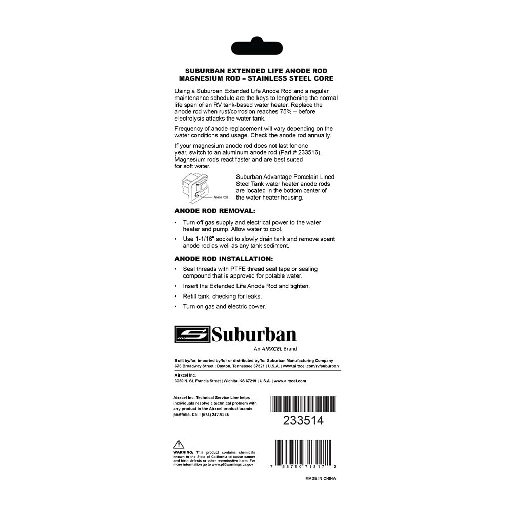 Suburban MFG Magnesium Anode Rod for Water Heaters, Extends the Life of Your Hot Water Tank, Easy Install (233514)