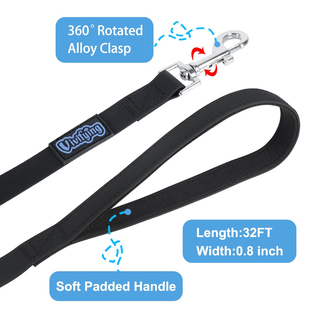 Vivifying Waterproof Long Dog Leash, 32Feet/10M Durable PVC Long Training Lead with Padded Handle Great for Medium Large Dogs Training, Hiking, Swimming, Beach and Yard (Black)