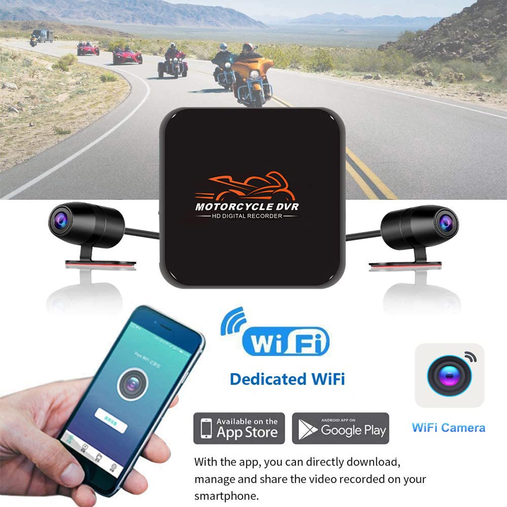 VSYSTO WiFi Motorcycle Dash Cam HD 1080P Front & Rear Camera Video Driving Recorder 2 Channel Lens Backup Camera with Night Vision G-Sensor Loop Recording (Black-D6)