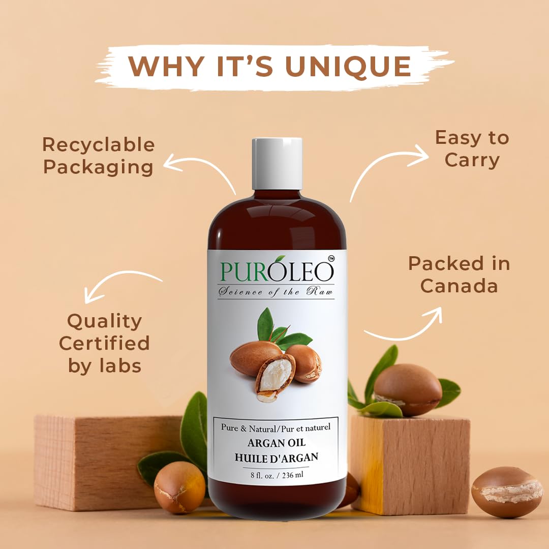 PUROLEO Argan Oil 8 Fl Oz/236 ML (Packed In Canada) 100% Pure argan oil for hair, Face & Skin Carrier Oil, Imported from Morocco, argon oil, maroko oil