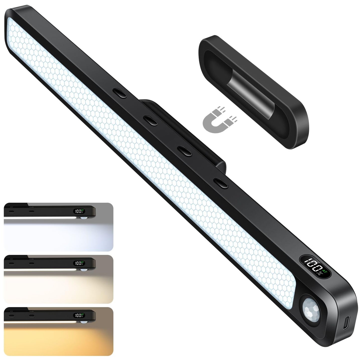 FERSWE 5W Under Cabinet Lighting, Rechargeable Motion Sensor Lights Indoor, Eye-Friendly Mirror Light with Battery Display, Rechargeable Light Bar for Cabinet, Closet, Bathroom and Kitchen