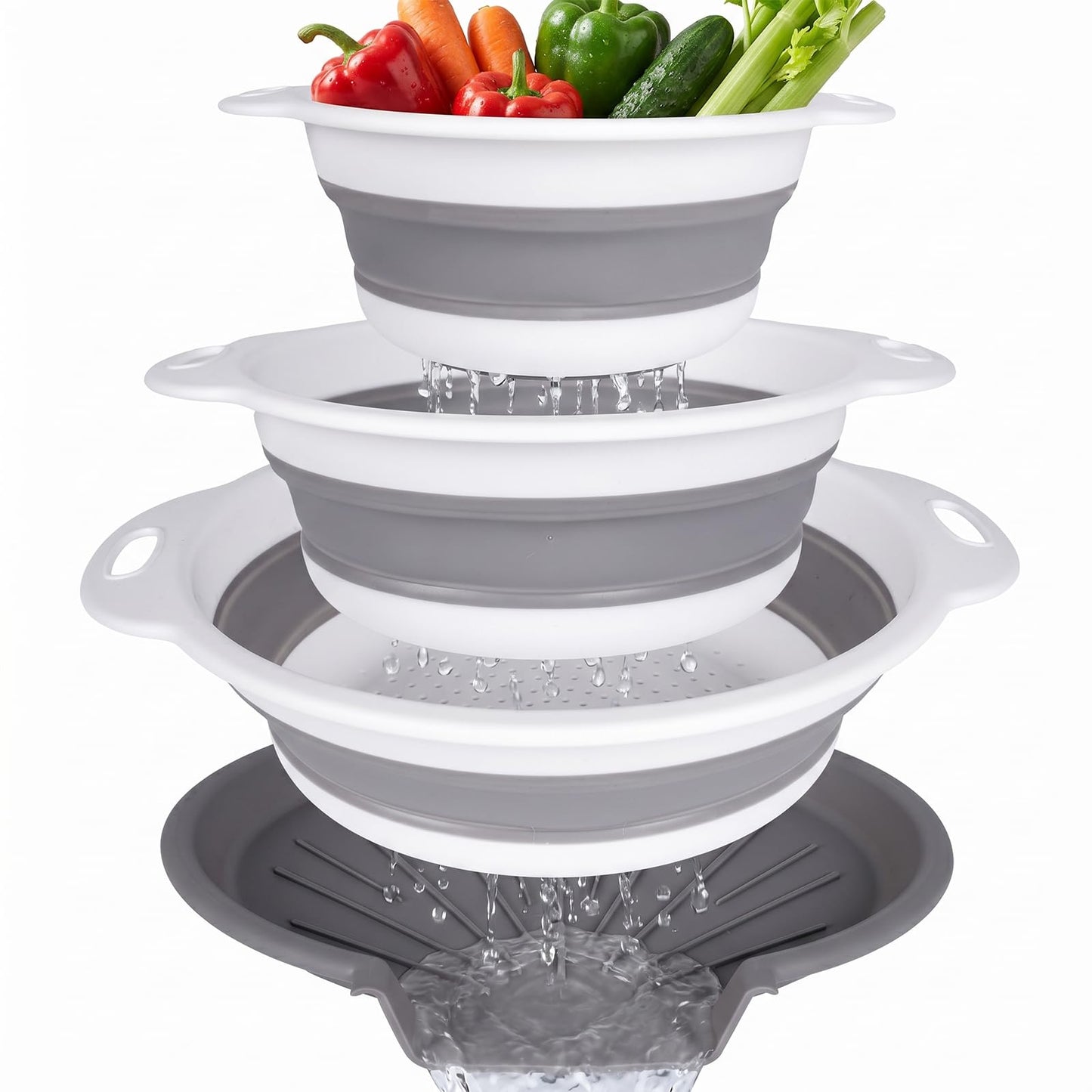 ECHOSAMEN Kitchen Collapsible Colander Set with Draining Base, Edge of Sink Strainer - Space-Saving Food-Grade Silicone Basket with D-Handle for Draining & Rinsing Pasta, Fruits, Vegetables(White)