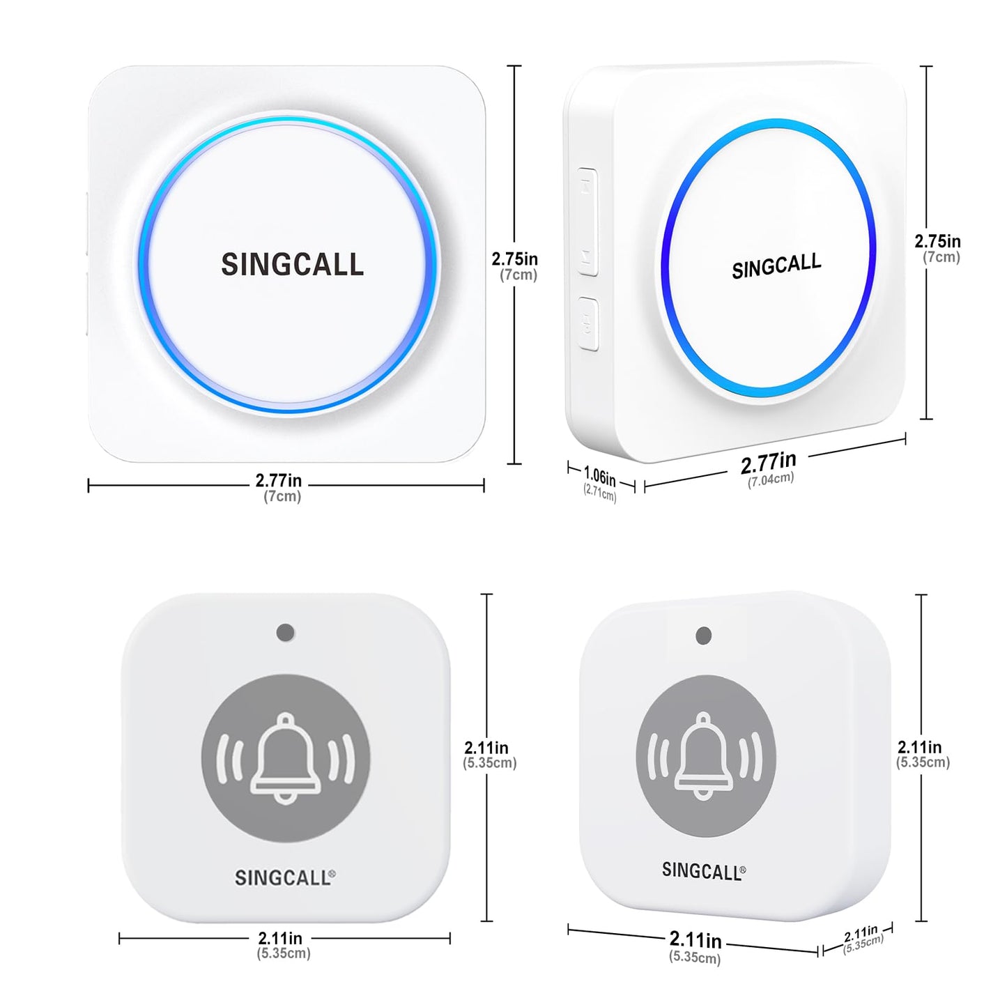 SINGCALL Wireless Portable Caregiver Pager Panic Alarm System Personal Alarm for Elderly/Kids/Pregnant/Patients 32 Chimes & 0-100dB Volume 1 Rechargeable Portable Receiver+ 2 Emergency Call Buttons