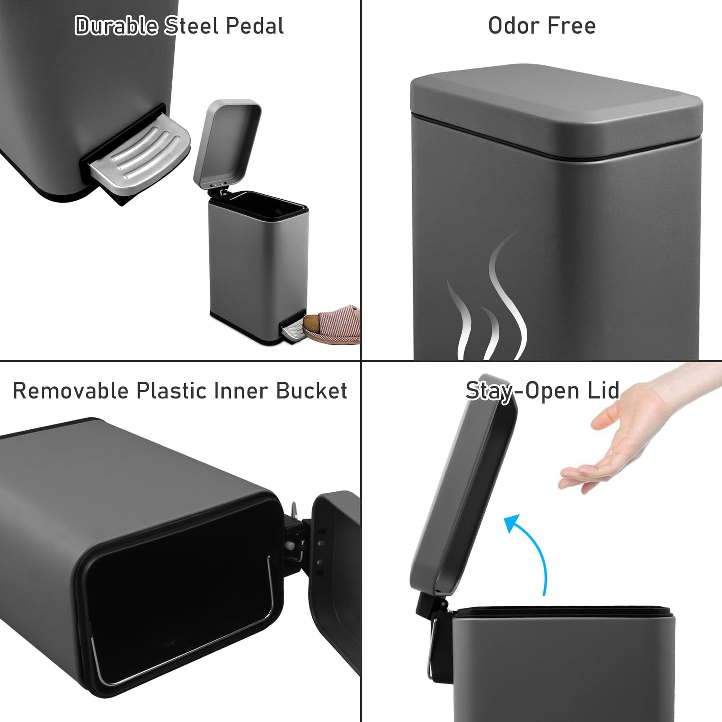 5 Liter/1.3 Gallon Slim Small Trash Can with Lid Soft Close, Stainless Steel Garbage Can for Bathroom Bedroom Office, Rectangular Step Trash Bin with Removable Inner Waste Basket (Platinum Gray)