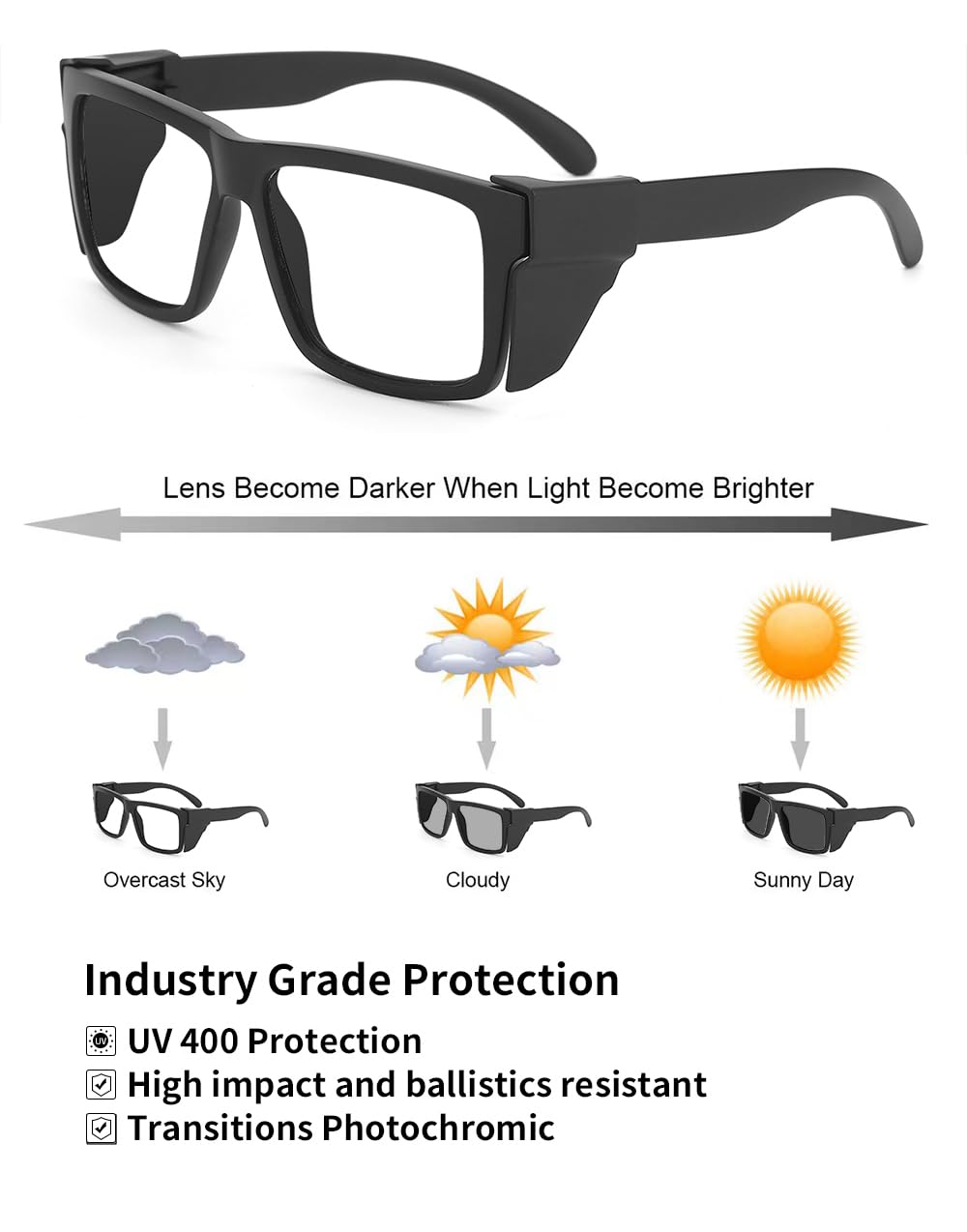 BINGKING Photochromic Safety Glasses, UV400 Blue Light Blocking, ANSI Z87.1, Removable Side Shields, TR90 Frame, Matte Black