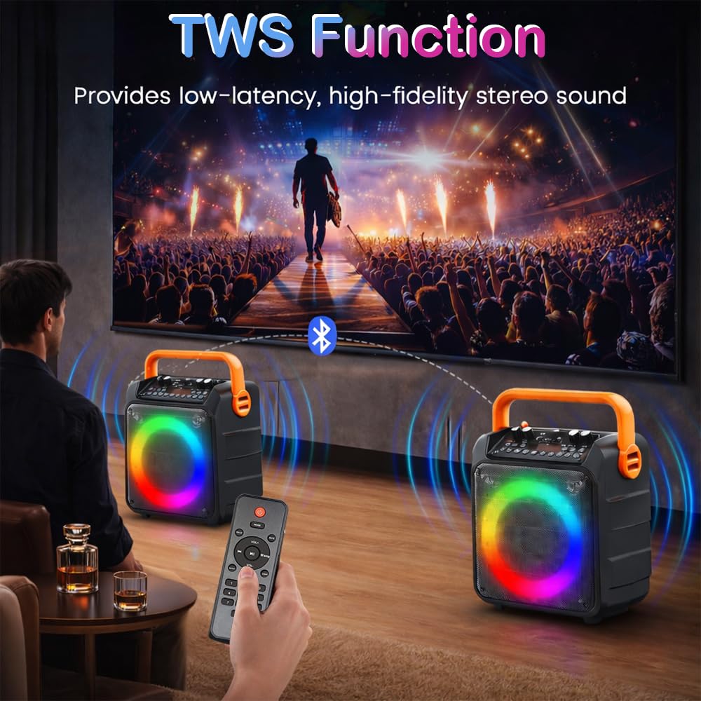 Karaoke Machine with 2 Wireless Microphones, Portable PA Speaker with Dynamic LED Lights, Support TWS REC/FM/AUX/USB/TF Playback for Home Parties Outdoor Events | for Adults and Kids (Orange)