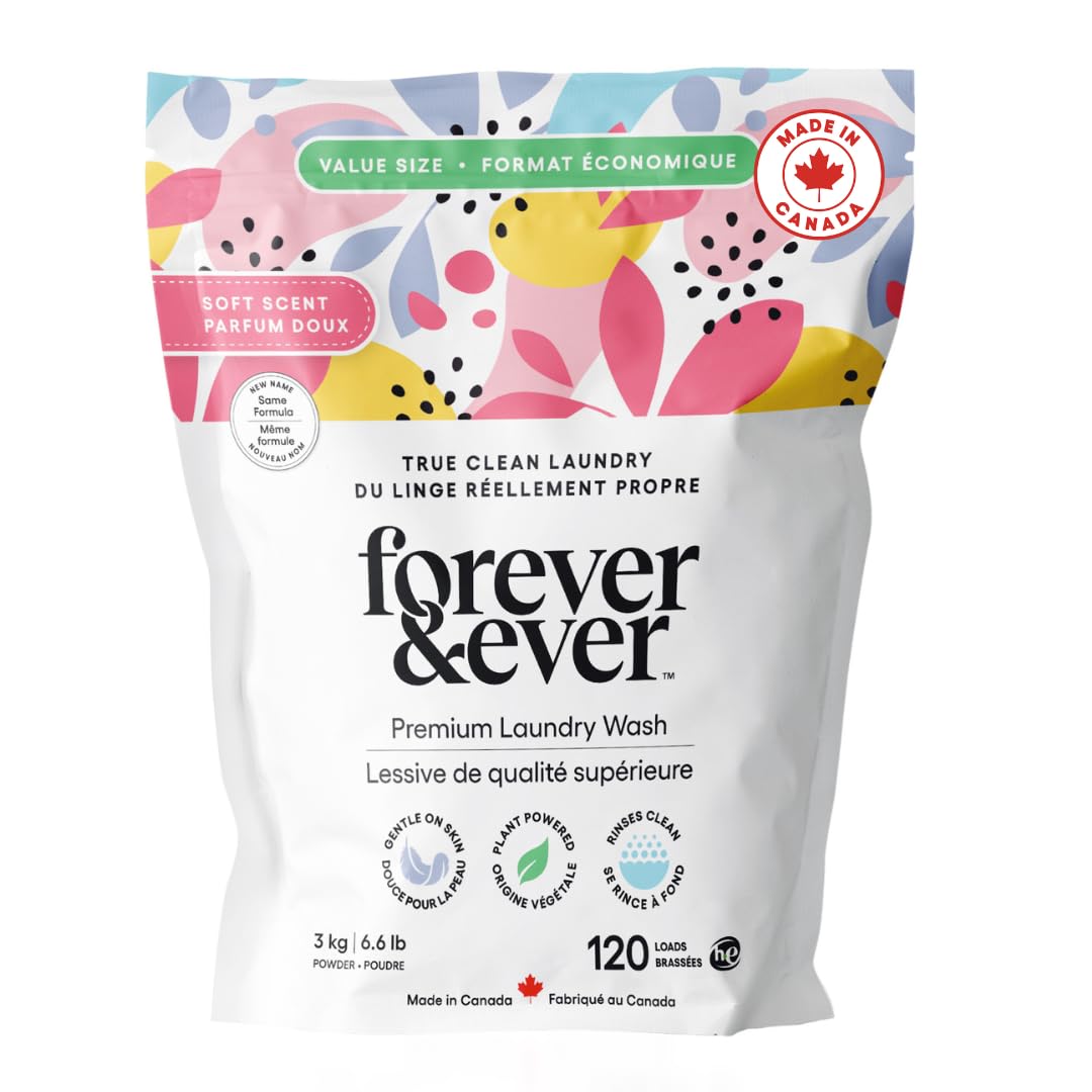 Natural Laundry Detergent Made in Canada Products, Gentle Formula Laundry Detergent Powder, pH Balanced, Hand Wash and HE Compatible, Premium Wash, 120 Washes, Scented, 3KG