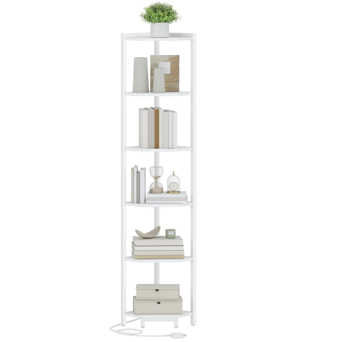 Hzuaneri Corner Shelf with LED Light, 6-Tier Corner Bookshelf, Tall Narrow Display Bookcase with Metal Frame, Standing Shelf for Small Space, Living Room, Home Office, Bedroom, White CS66613W