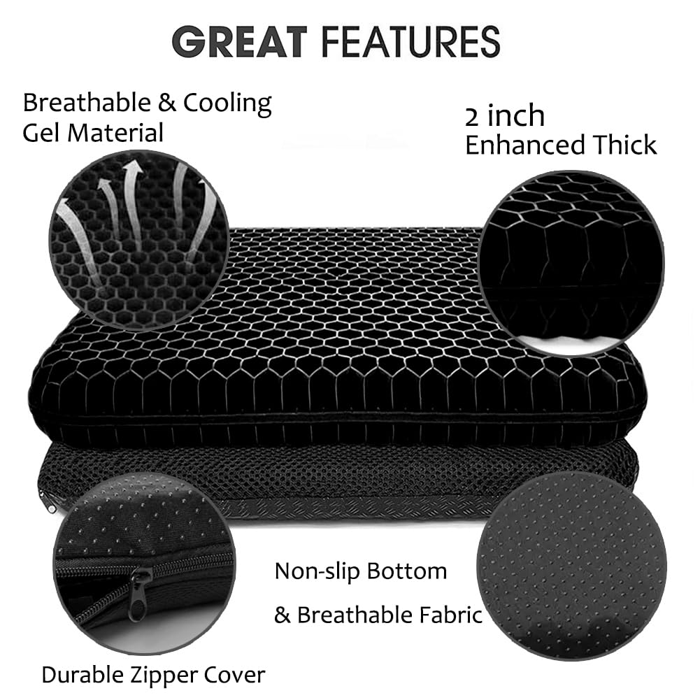 Gel Seat Cushion for Long Sitting, Extra Thick Gel Cushion for Wheelchair Soft Chair Pads Cushion for Office Home Chairs Car Seats Long Trips - Back Sciatica Hip Tailbone Pain Relief Cushion (Black)
