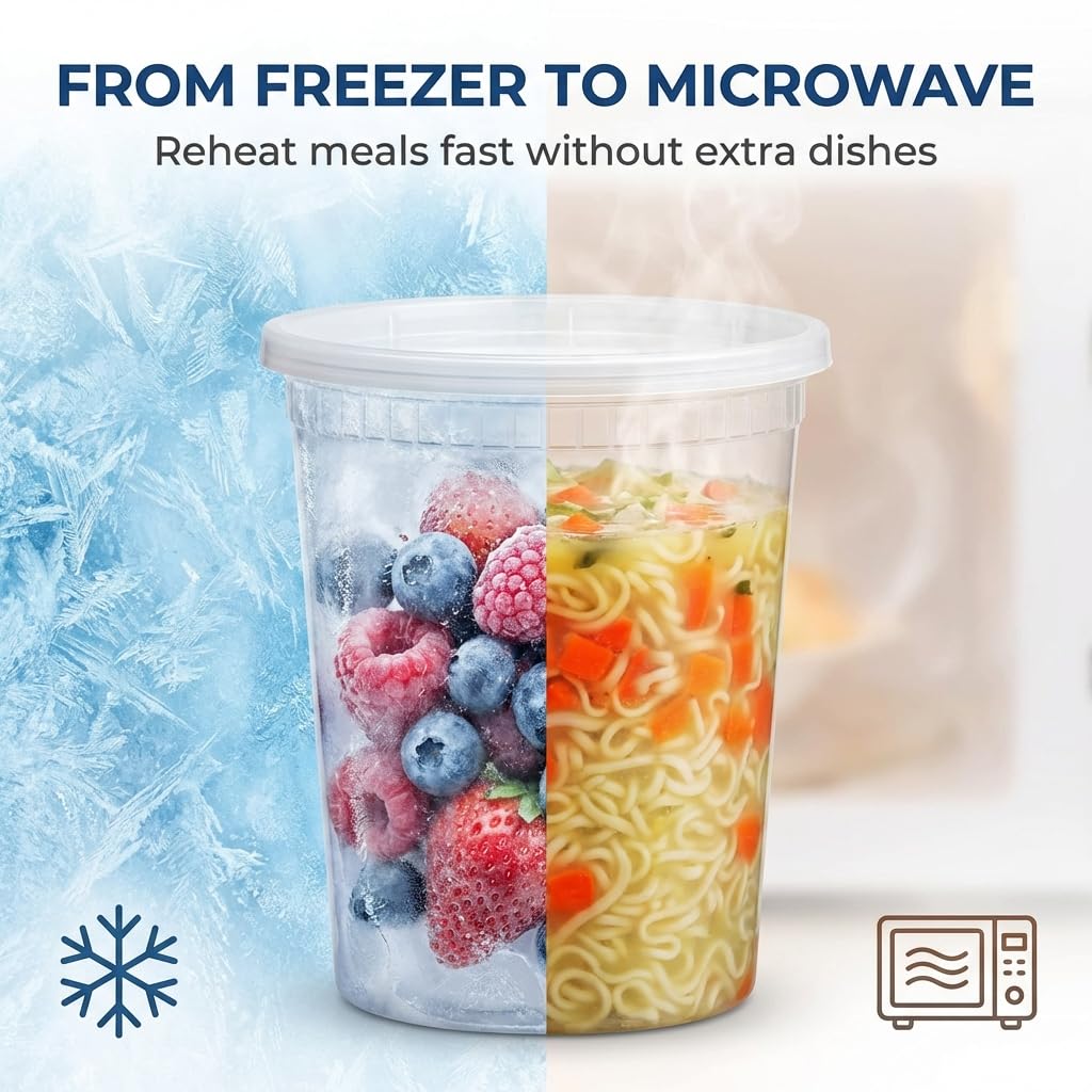 Deli Food Containers with Lids - (48 Sets) 24-32 Oz Quart Size & 24-16 Oz Pint Size Airtight Food Storage Takeout Meal Prep Containers with 54 Lids, BPA-Free, Dishwasher, Microwave Safe
