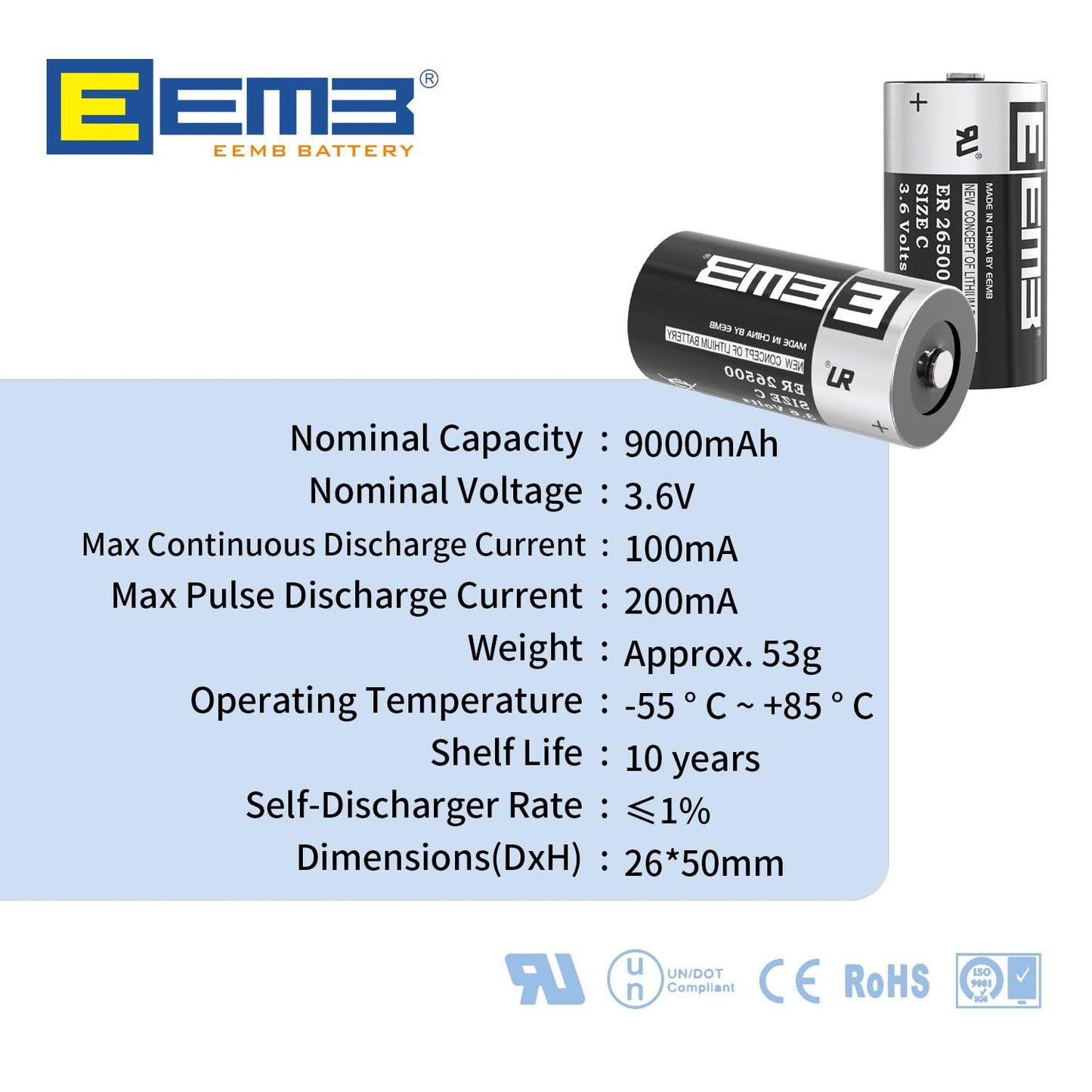 EEMB ER26500 C Size 3.6V 9000mAh Lithium Battery High Capacity Li-SOCL₂ Non-Rechargeable LS26500 SB-C01 TL-2200 for TPMS Automobile tire Pressure Monitor Smart Card Instrument Electricity Meter (4)