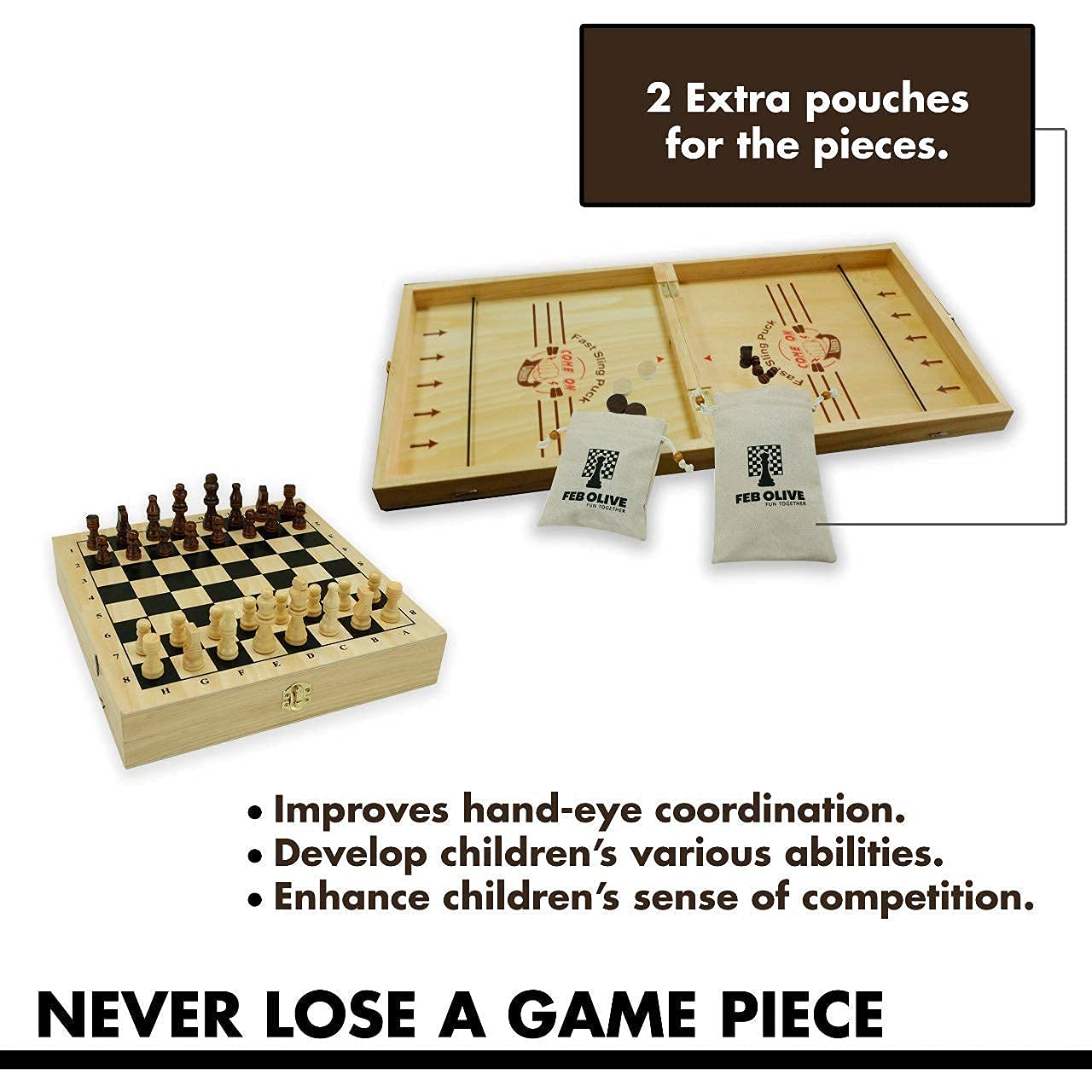 4 in 1 Board Game Set - Extra Large Sling Puck Game Wooden Chess Board Sets, Checkers Board Game for Adults Nine Mens Morris | Wooden Chess Set String Puck Game & Checkers Game for Kids