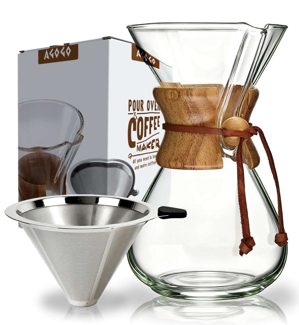 AGOGO Pour Over Coffee Maker Glass - 8 Cup Barista Kit with 304 Stainless Filter for Home, Office, Camping, Cafes - Easy Clean Coffee Dripper Set (Soft Towel&Brush) (8 Cup/28 oz)
