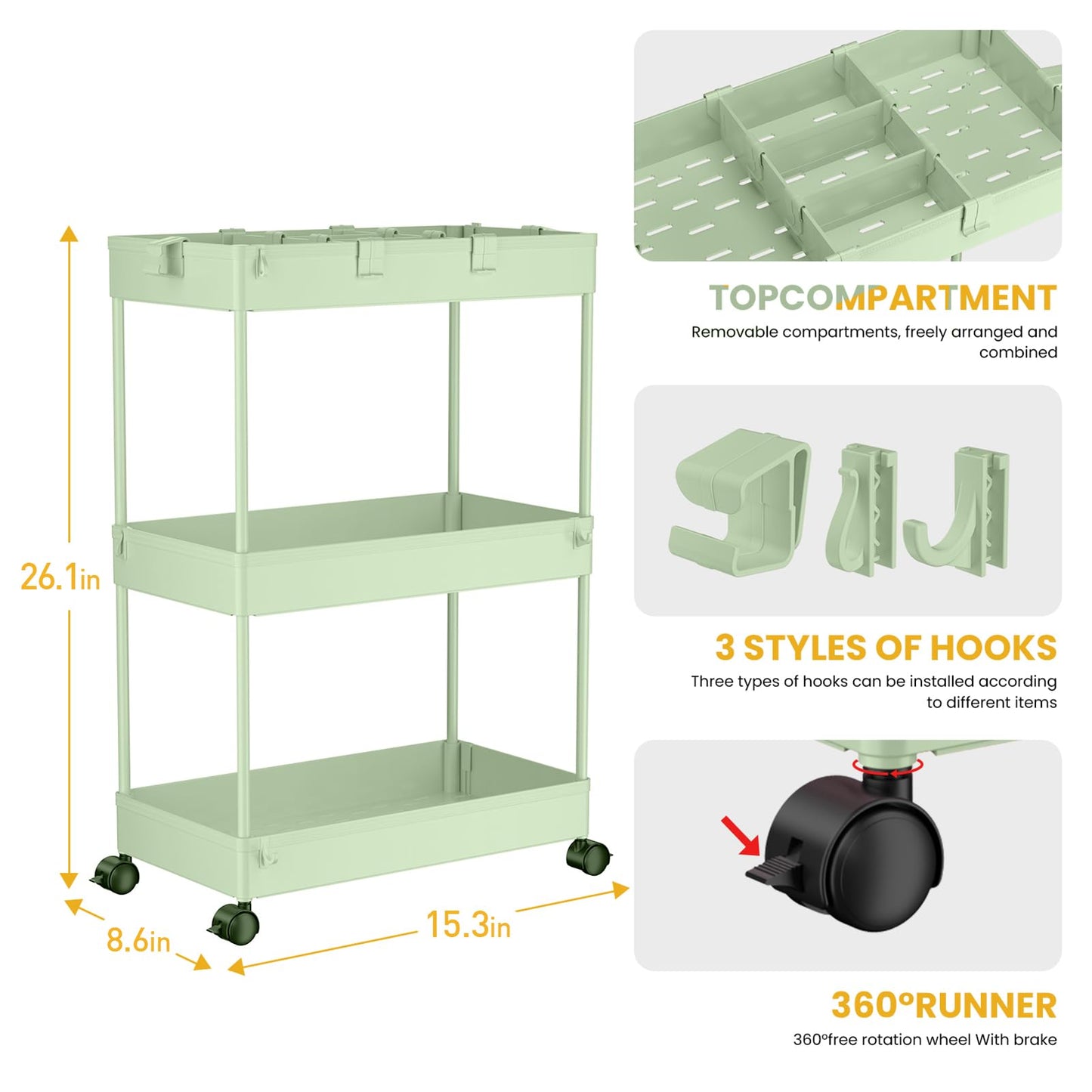 SPACELEAD Slim Storage Cart,3 Tier Bathroom Rolling Utility Cart Storage Organizer Slide Out Cart, Mobile Shelving Unit Organizer Trolley for Office Bathroom Kitchen Laundry Room Narrow Places, Green