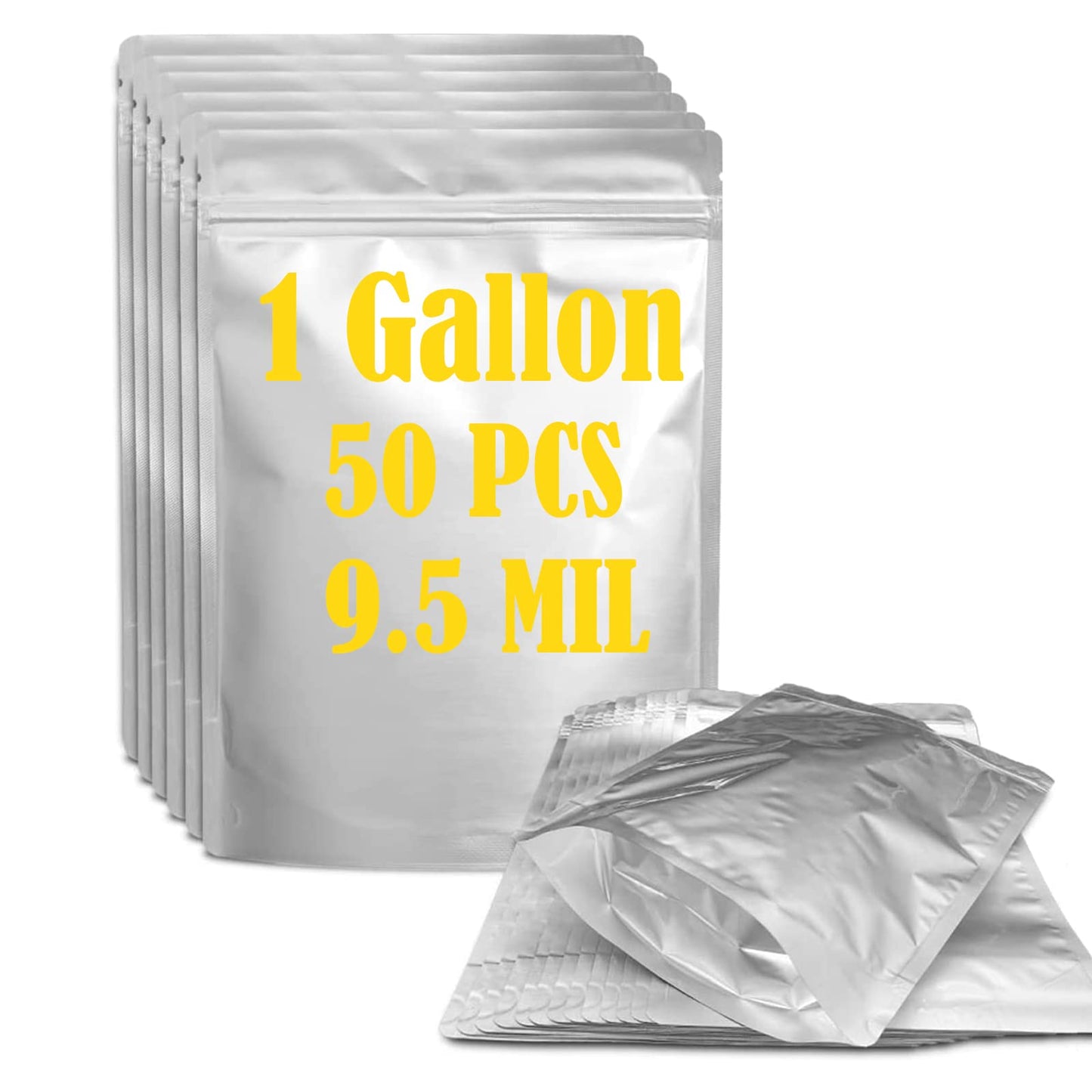 Durimoiy 50 Mylar Bags for Food Storage 1 Gallon-9.5 Mil Thicker Long Term & Food Grade - 10x14 Stand-up Zipper Resealable Heat Sealable for Airtight Smell Proof Packaging