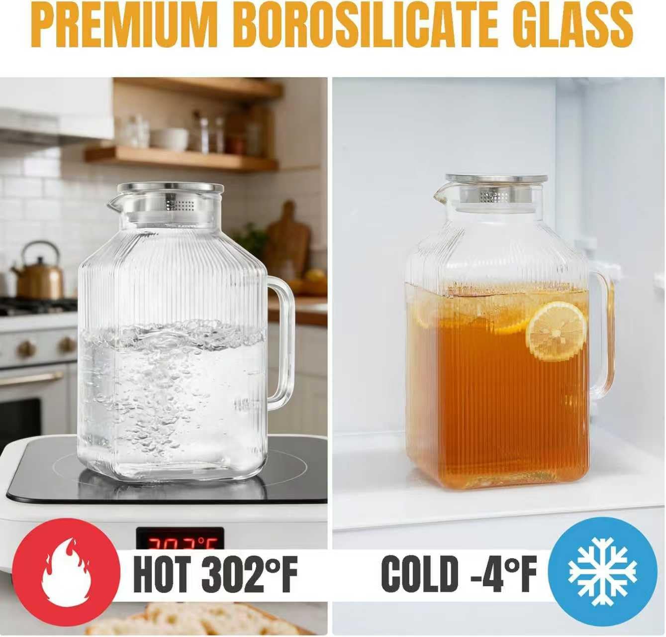 1 Gallon 128oz Square Glass Pitcher with Lid and Handle, Water Pitchers with Handle for Fridge, Borosilicate Glass Carafe with vertical stripe design for Hot/Cold Drink.