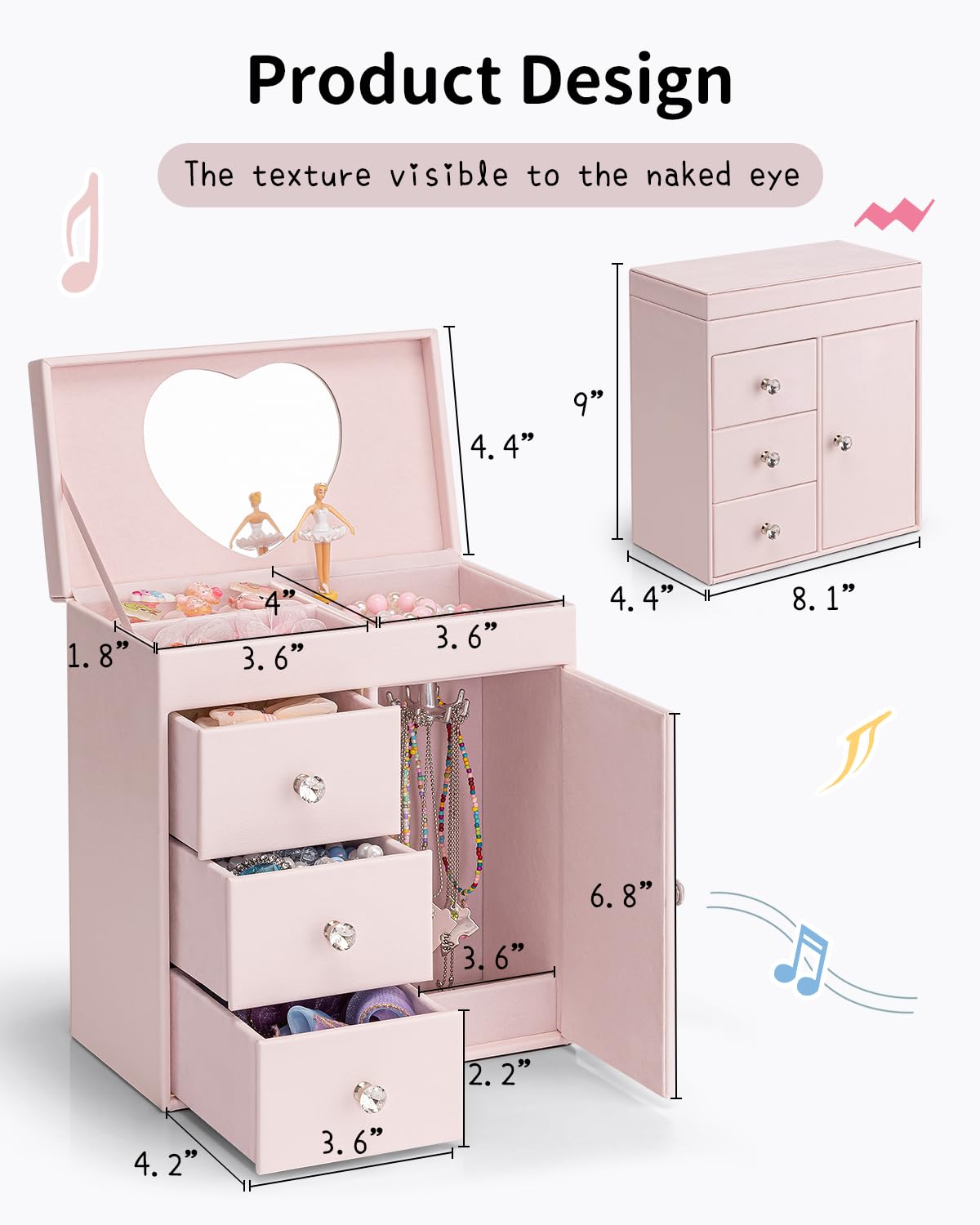 Vlando Musical Jewelry Box for Girl,4 Layer Large Music Jewelry Boxes with Ballerina,Girls Jewelry Box with Mirror, Birthday Childrens Gifts,Girls Gifts 8-12 years old,Light Pink