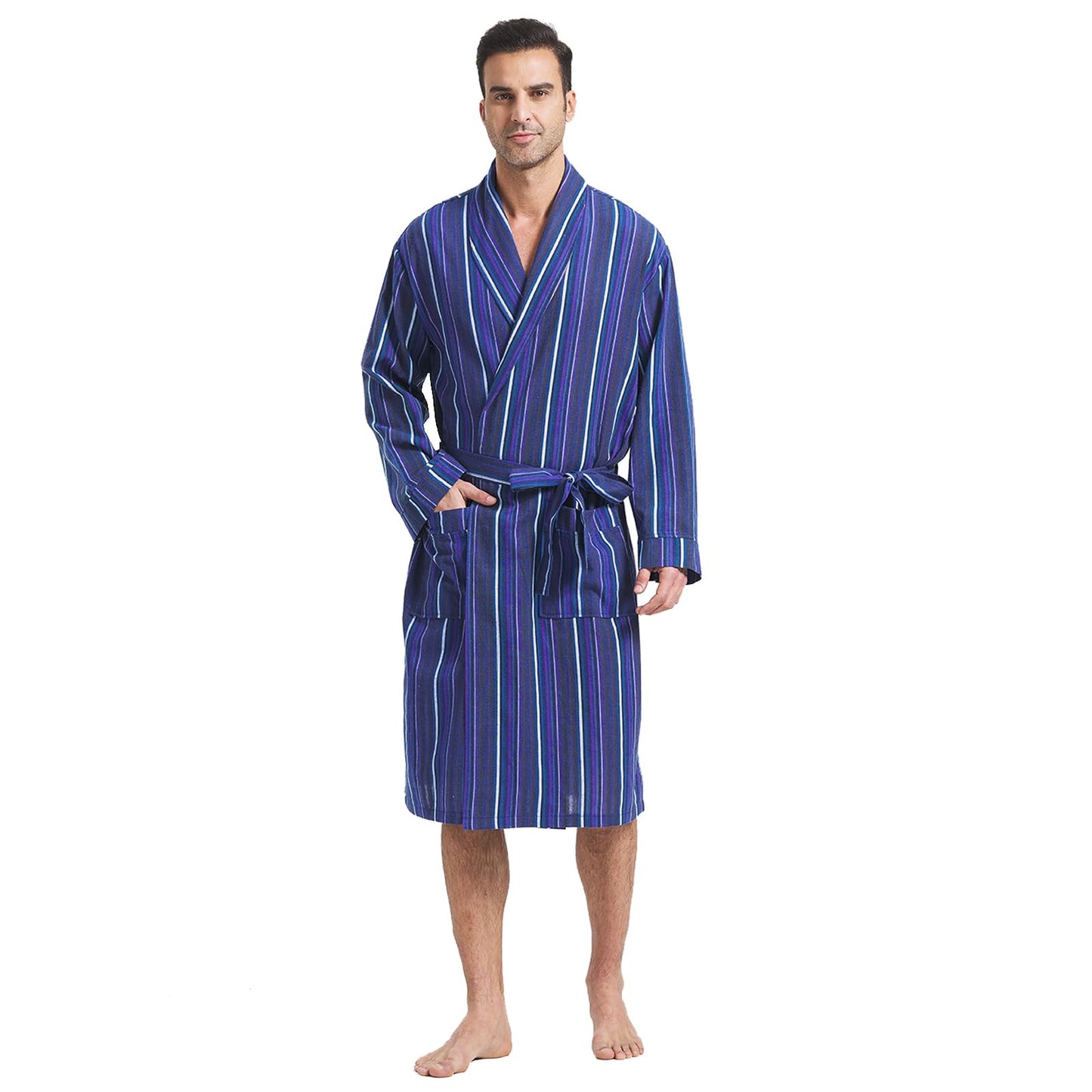 FashGudim Mens Buffalo Plaid Cotton Robe Lightweight Bathrobe Shawl Collar Kimono Sleepwear Loungewear House Robes, Blue Stripe, Large-X-Large