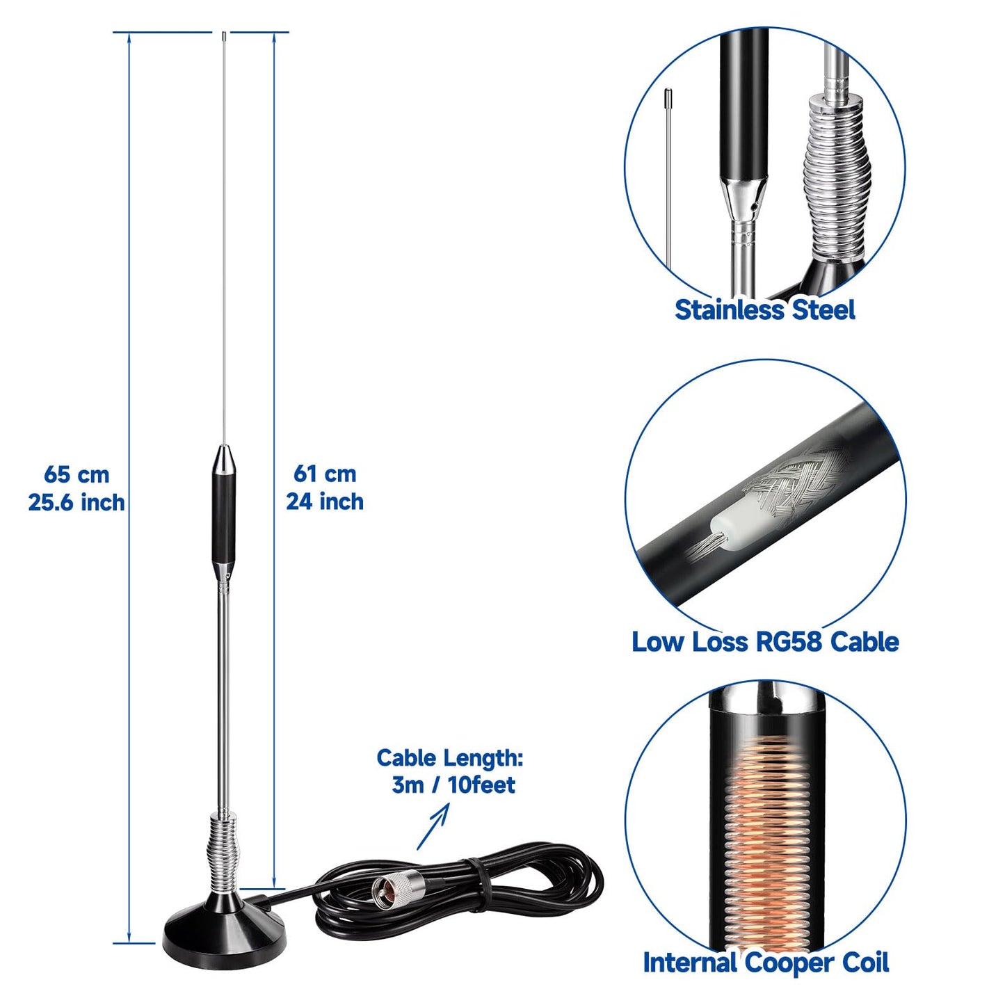 Bingfu 24 inch Magnetic CB Radio Antenna 27MHz PL259 & BNC Male Compatible with Cobra Midland Uniden Maxon President Mobile CB Radio Car Truck CB Antenna Kit