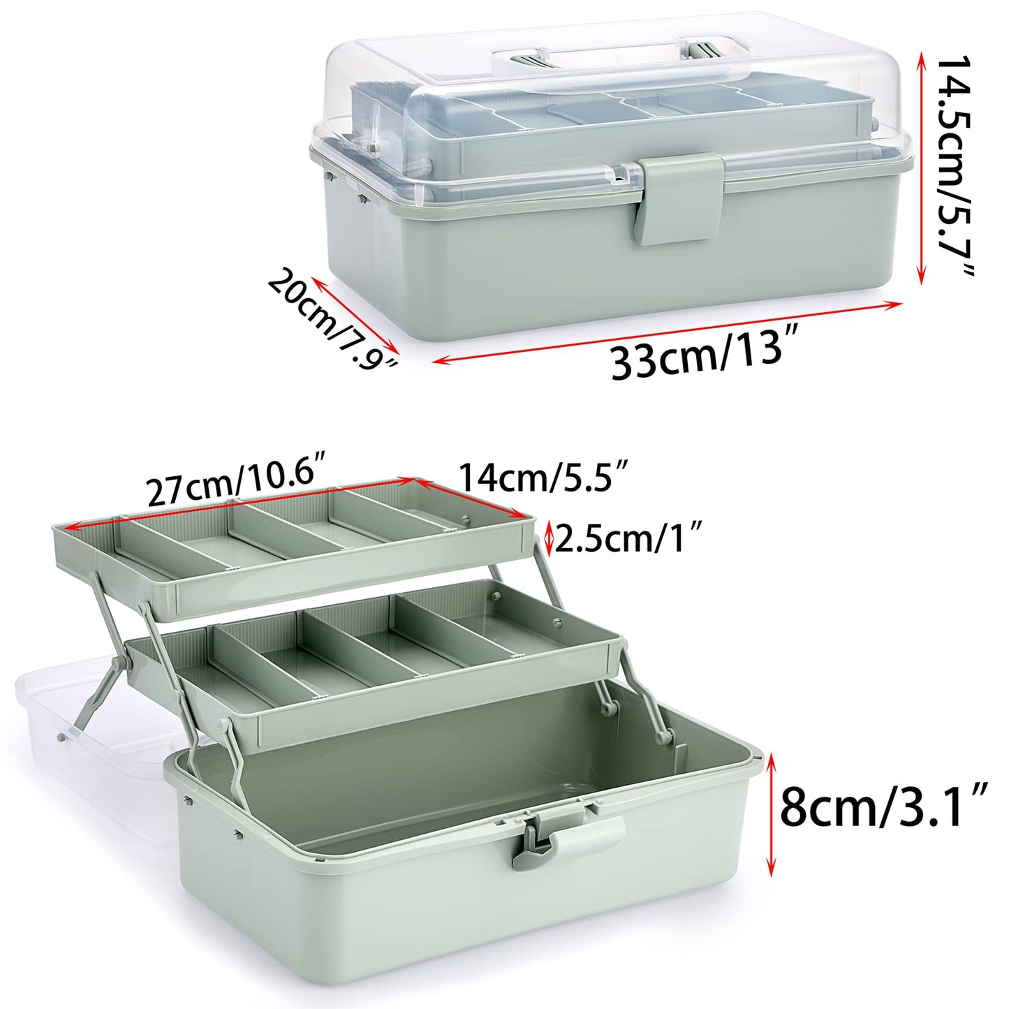 JuxYes Three Layer Multipurpose Storage Box, 3-Layer Art Craft Storage Container Clear Plastic Folding Tool Box Art Crafts Case Sewing Supplies Organizer with 2 Tray, Green