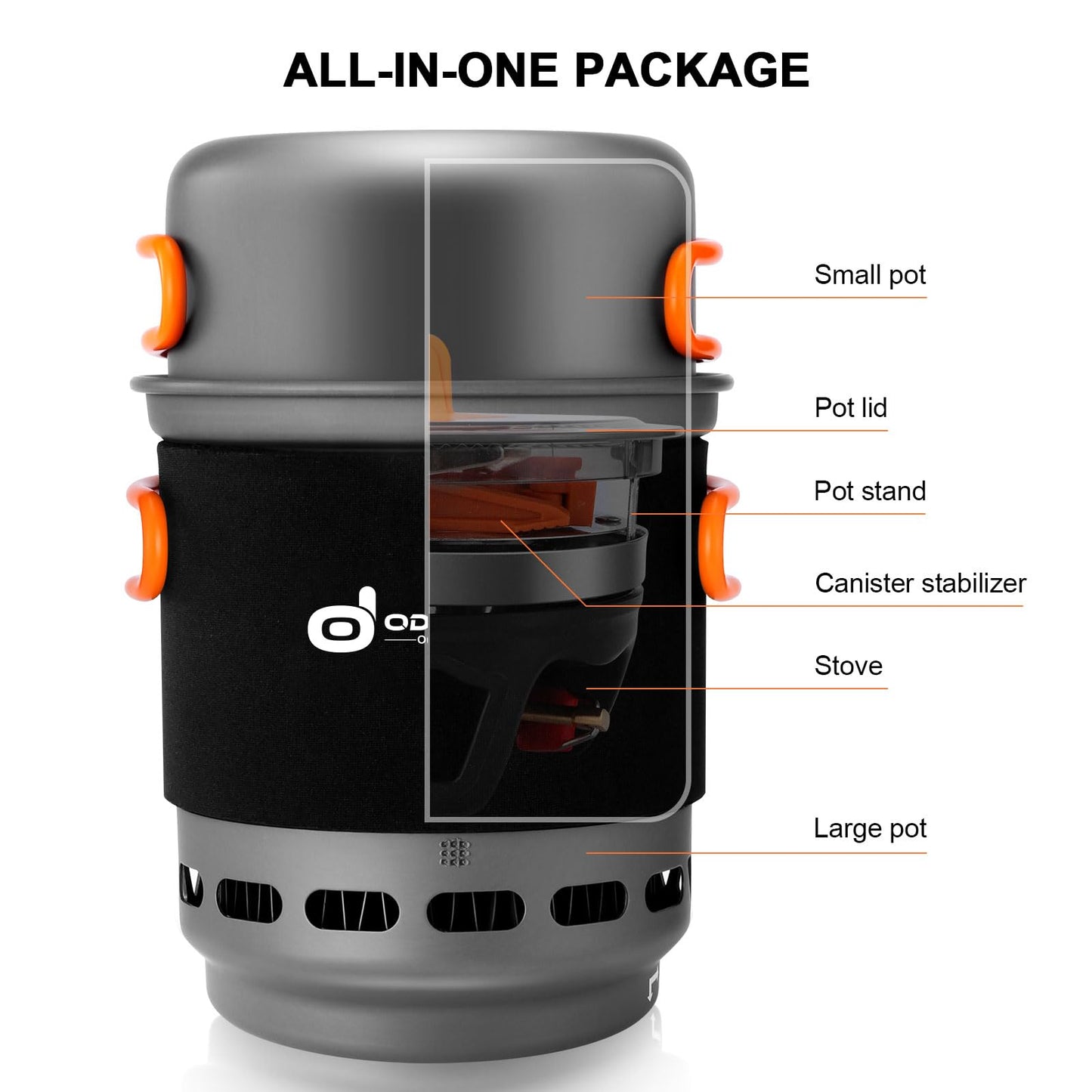 Odoland Backpacking and Camping Stove Cooking System, 7-In-1 Energy Saving Cooking Stove Set, Lightweight Camp Pot with Burner for Hiking Trekking Fishing and Backpacking