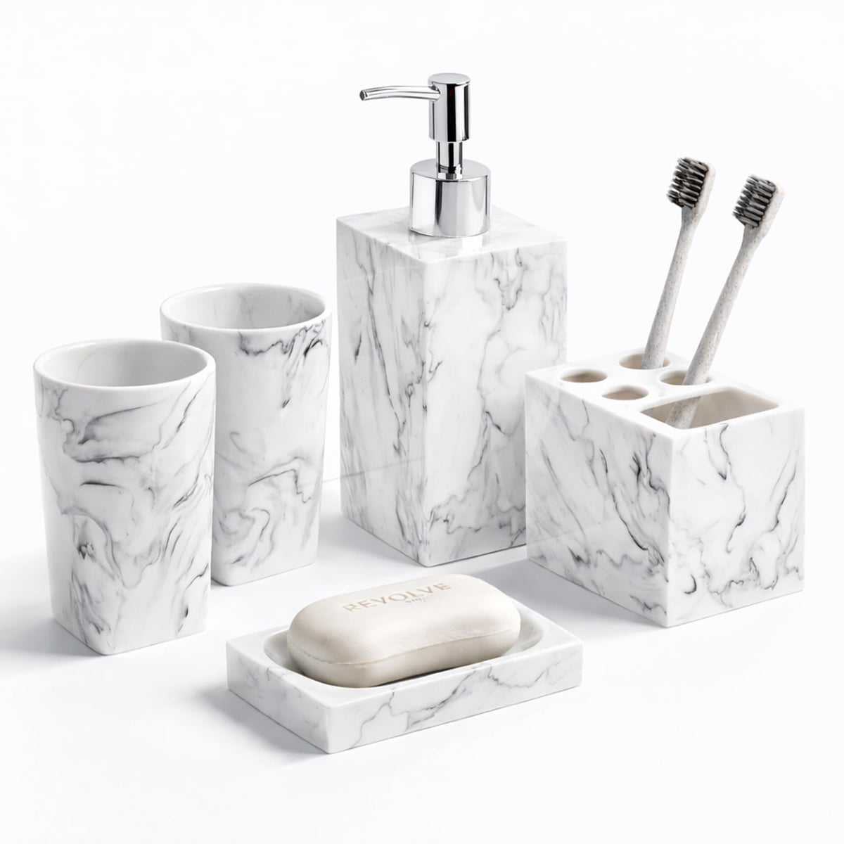 5 Piece Bathroom Accessories Set, Marble Resin Bathroom Vanity Set, Soap Dispenser, Toothbrush Holder, Soap Dish & 2 Tumblers, Bathroom Countertop Organizer Set (Ink White)