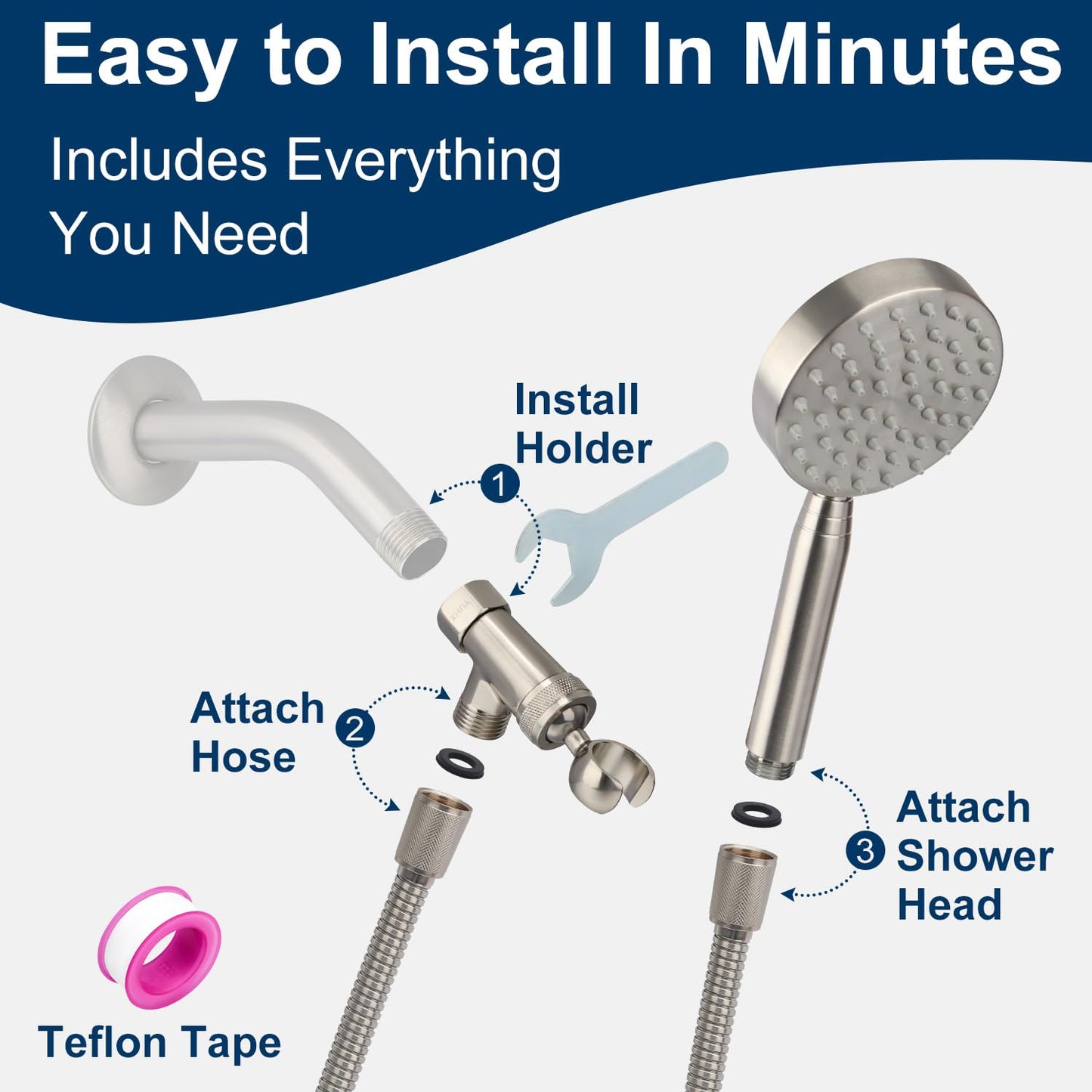 All Metal Handheld Shower Head with Brass Hand Showerhead Holder,1.75 GPM & 2.5 GPM High Pressure HandHeId Shower Head with Long Hose 72" Flexible Extension