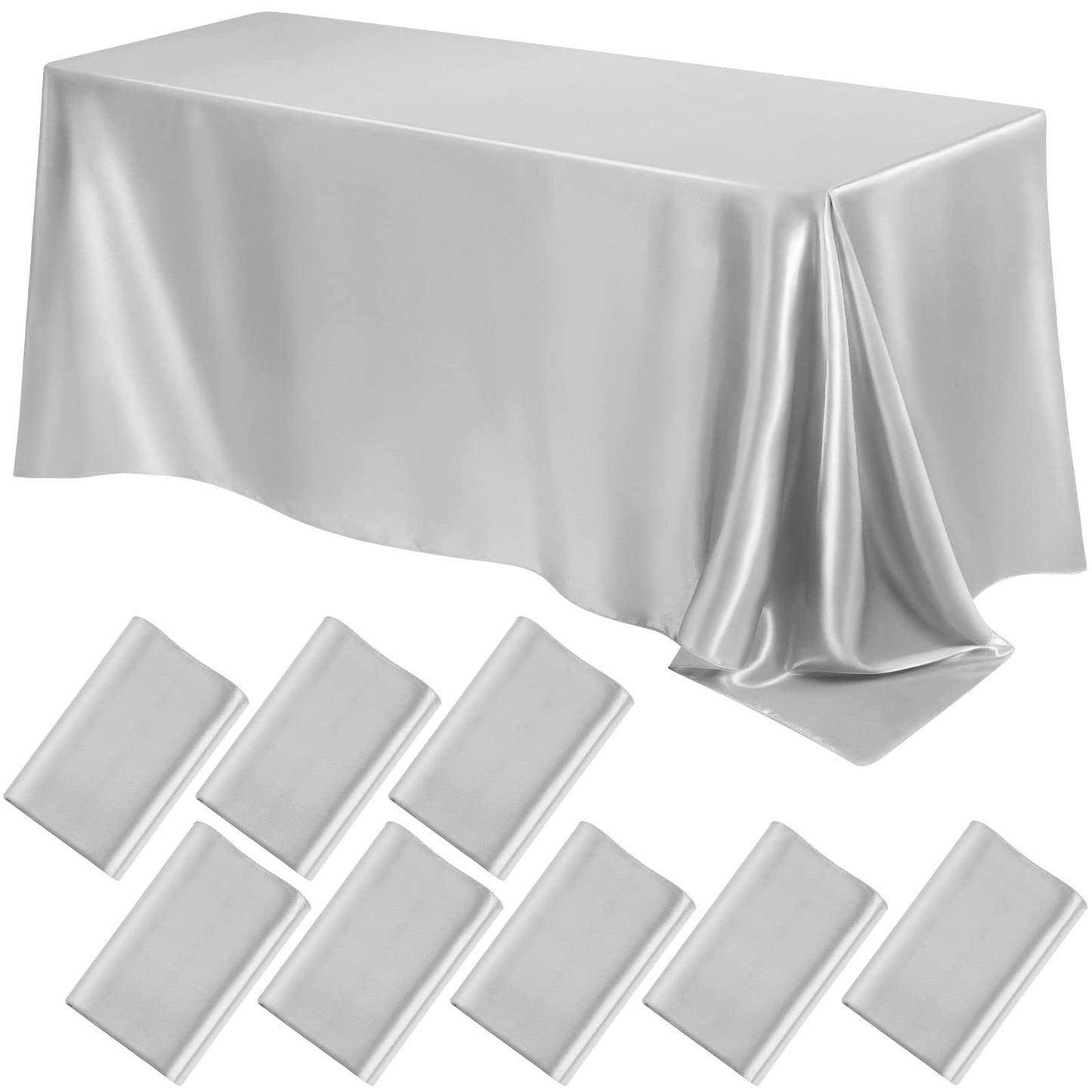 8 Packs Satin Tablecloth 102 x 58 Inches Rectangle Table Cover Silk Smooth Fabric Party Table Cloth for Rectangle Parties, Holiday Dinner Wedding Banquet Decoration(Silver)