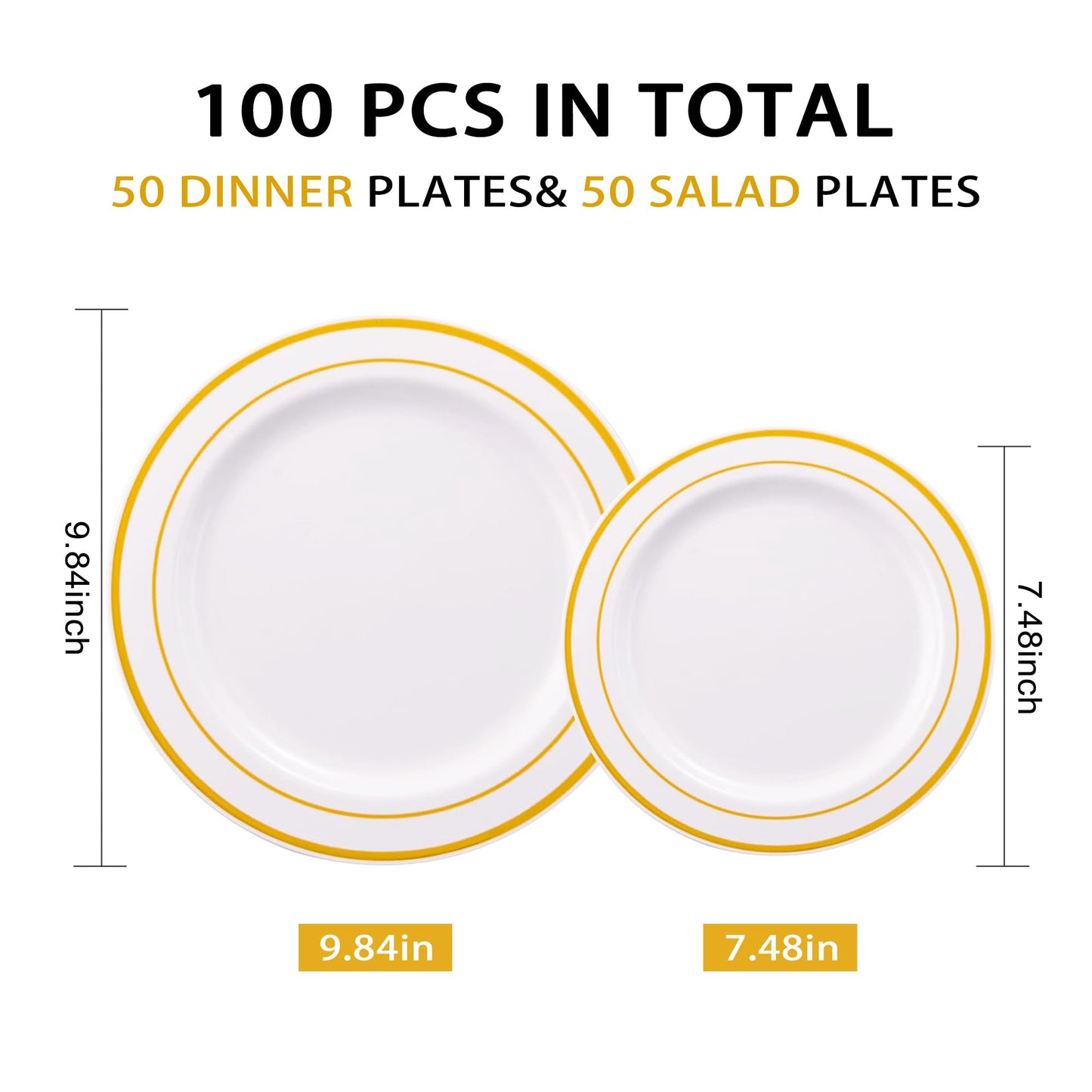 100 Pieces Gold Plastic Plates, Disposable Party Plates White Gold Rim, 50 Heavy Duty Dinner 10.25 Inch Plates and 50 Disposable Dessert Appetizer Elegant Fancy Wedding 7.5 Inch Plates