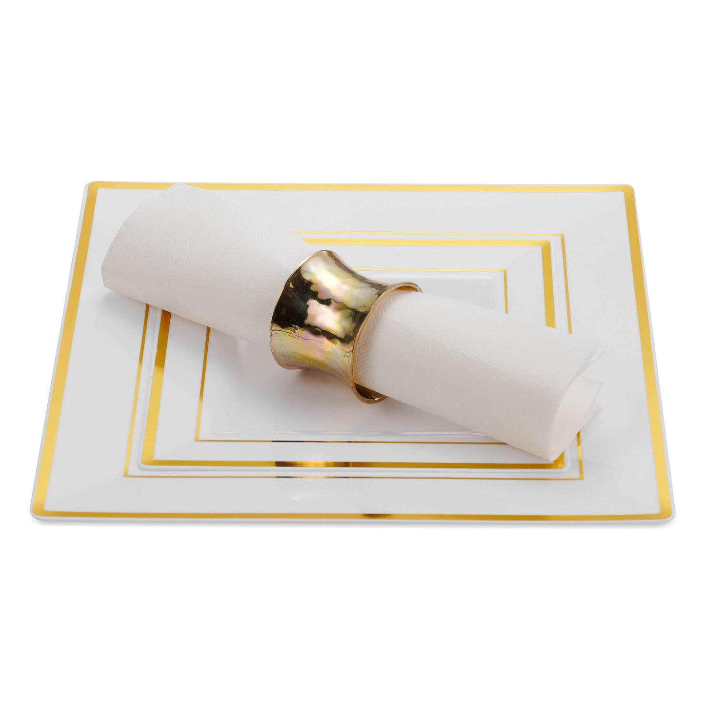 BloominGoods Plastic Disposable Square Dinner Plates | 50-Pack 9.5 inches White with Gold Rim Square Plates | Ideal for Weddings, Parties, & Catering | Heavy Duty & Non Toxic