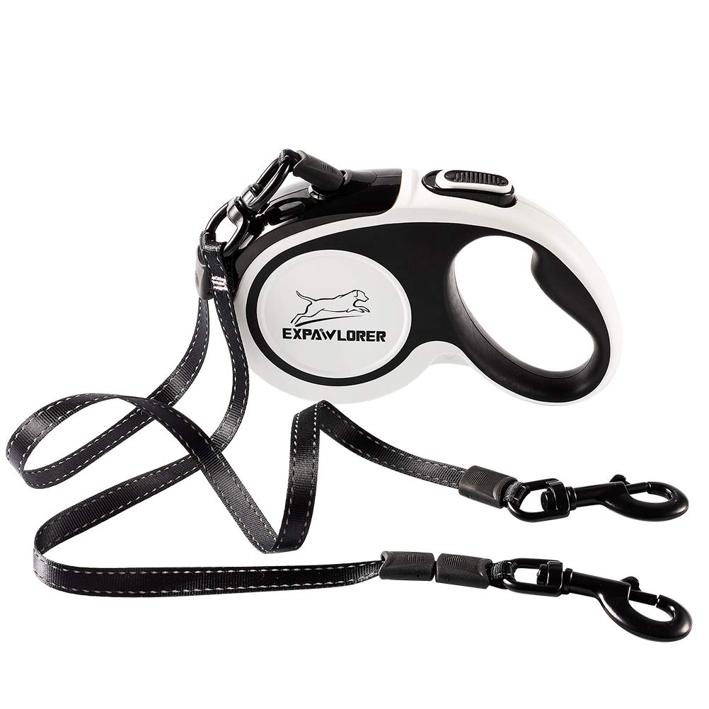 EXPAWLORER Dual Retractable Dog Leash - Double-Head Lockable Extendable Pet Leash - 16FT Reflective Nylon Ribbon - 360 Tangle-Free for Two Dogs Walking Training