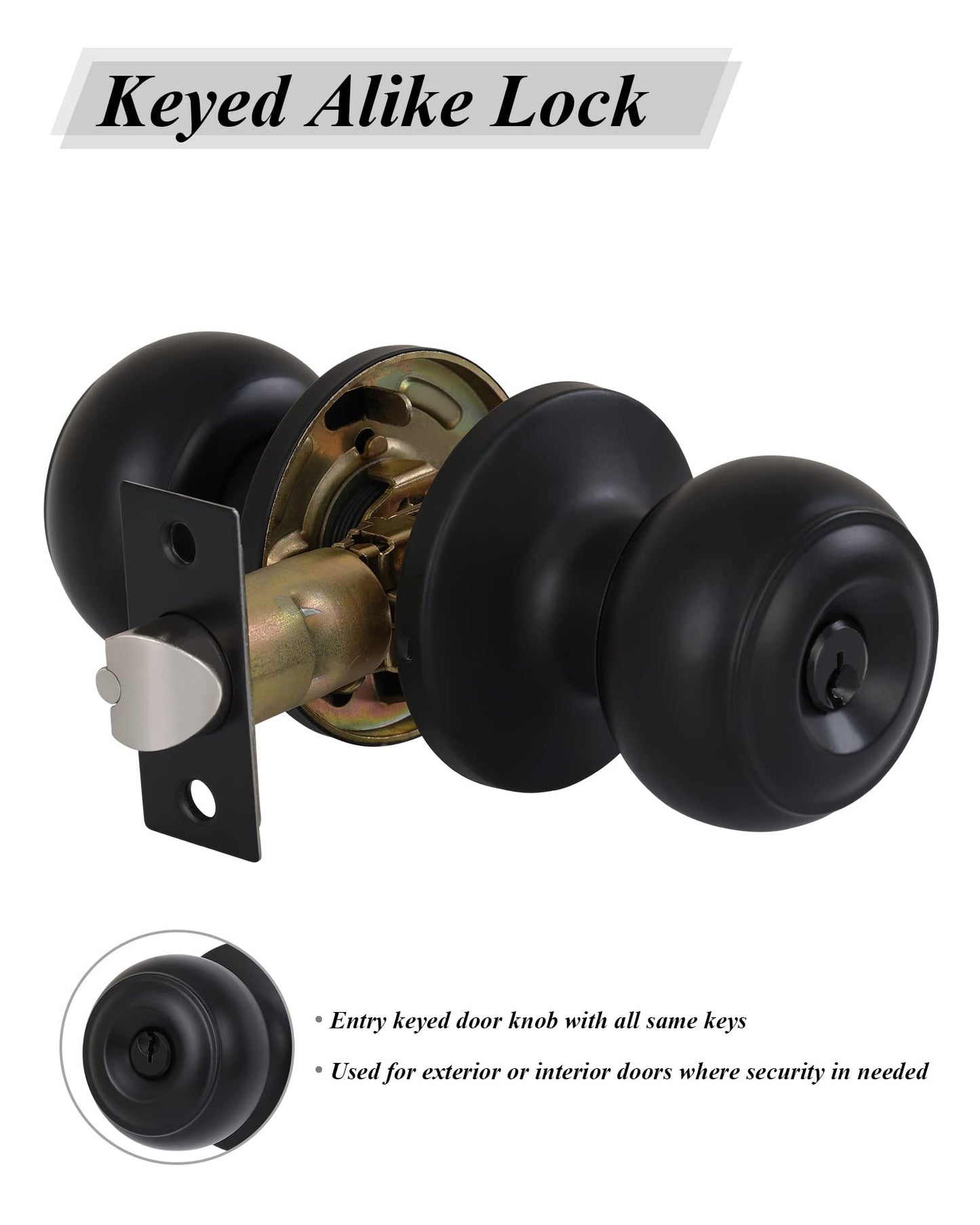 (2 Pack) Entry Door Knobs with Lock and Keyed Alike, Interior/Exterior Flat Ball Door Locks for Bedroom/Bathroom/Front/Offic Doors, Matte Black Finish