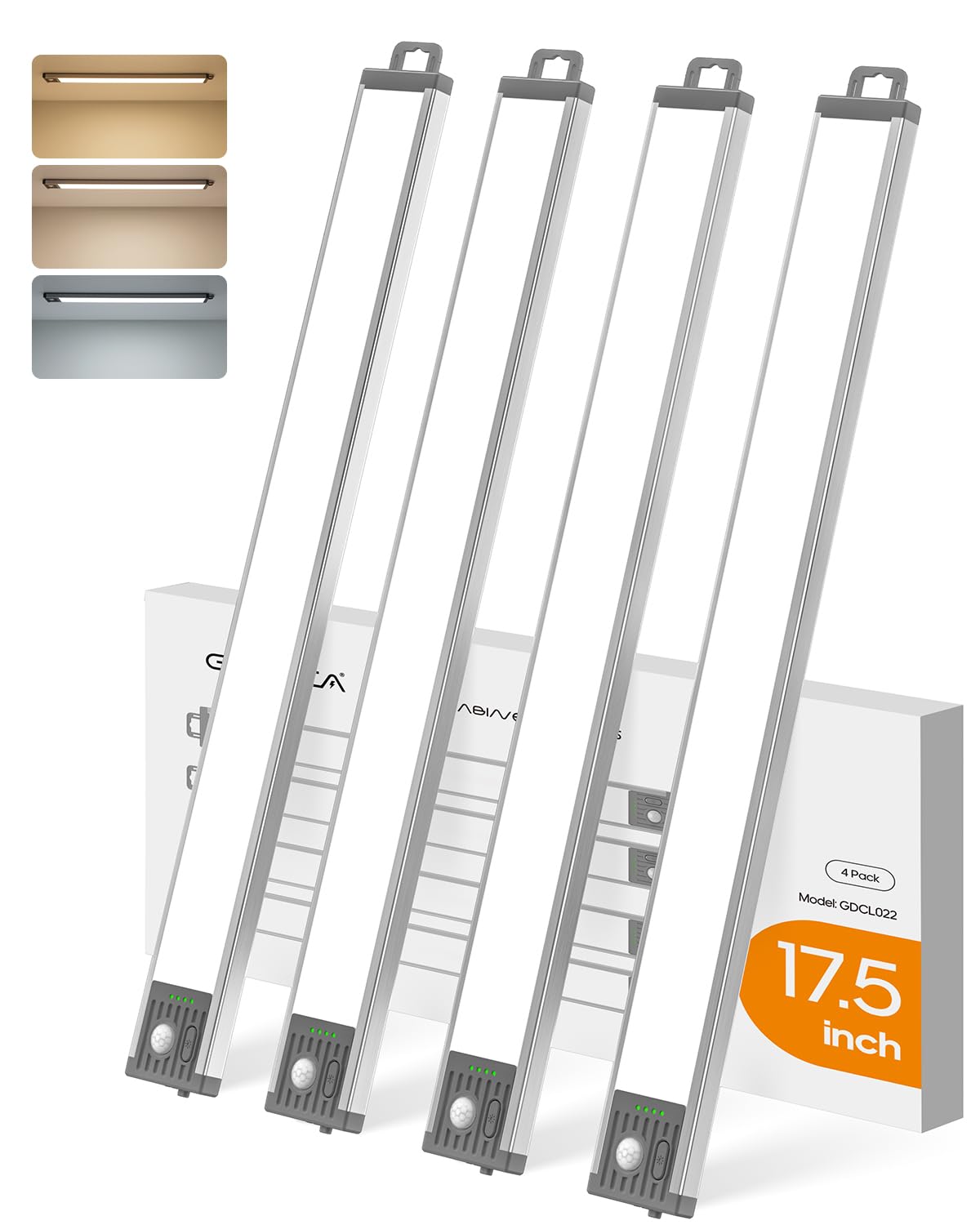 Goodea 17.5Inch Under Cabinet Lighting, 4500mAh Rechargeable Battery Motion Sensor Light Indoor, Wireless Under Cabinet Lights for Kitchen, Closet.(4 Pack)