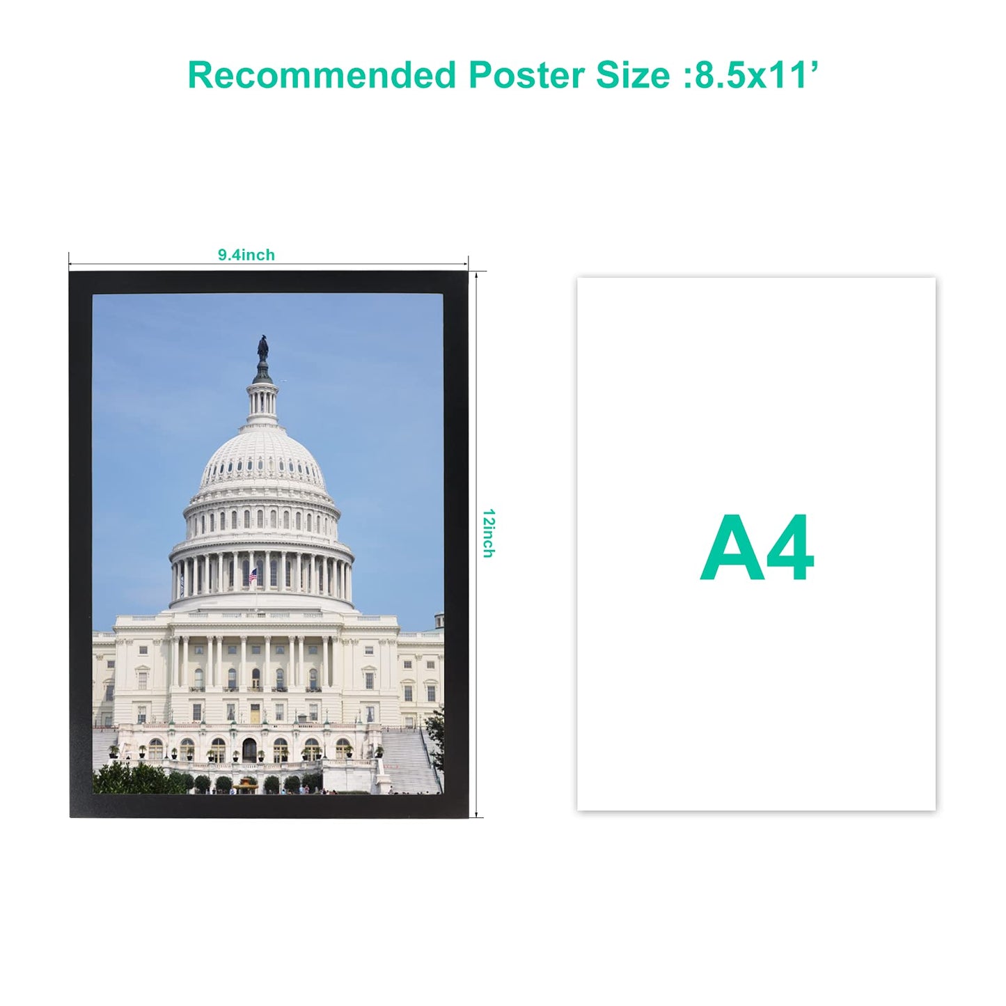 CRUGLA Magnetic 8.5 x 11 Picture Frame Set Self Adhesive Poster Document Diploma Frame Sign Paper Holder for Home Refrigerator Office Glass Window Door Cubicle Tile Wall, Black, 12 Pack