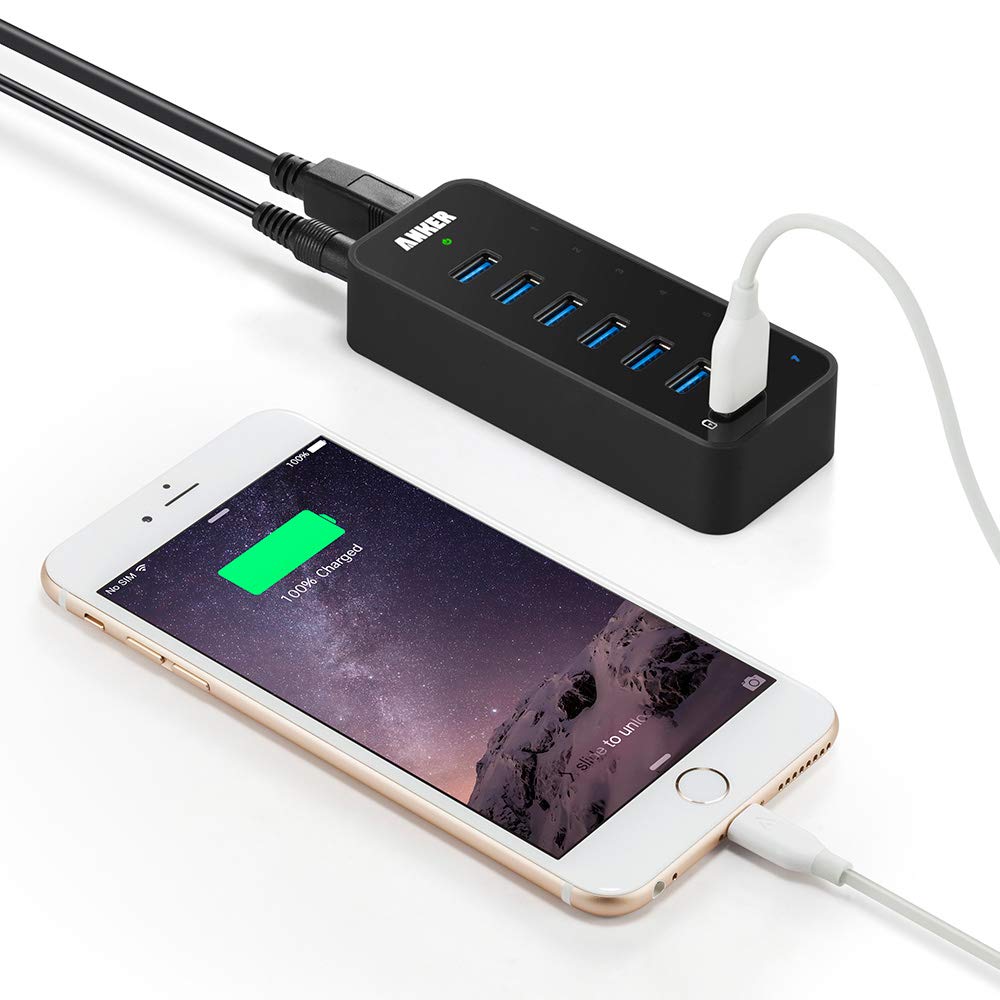 Anker USB 3.0 7-Port Hub with 1 BC 1.2 Charging Port up to 5V 1.5A, 12V 3A Power Adapter Included [VIA VL812-B2 Chipset] Black