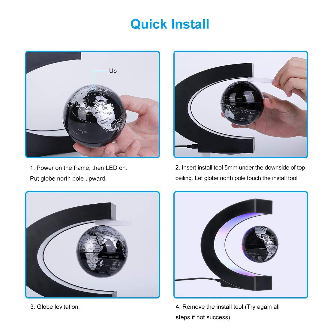 MOKOQI Magnetic Levitating Globe with LED Light, Cool Tech Gift for Men Father Boys&Girls, Birthday Gifts for Kids, Floating Globes World Desk Gadget Decor in Office Home /Display Frame Stand