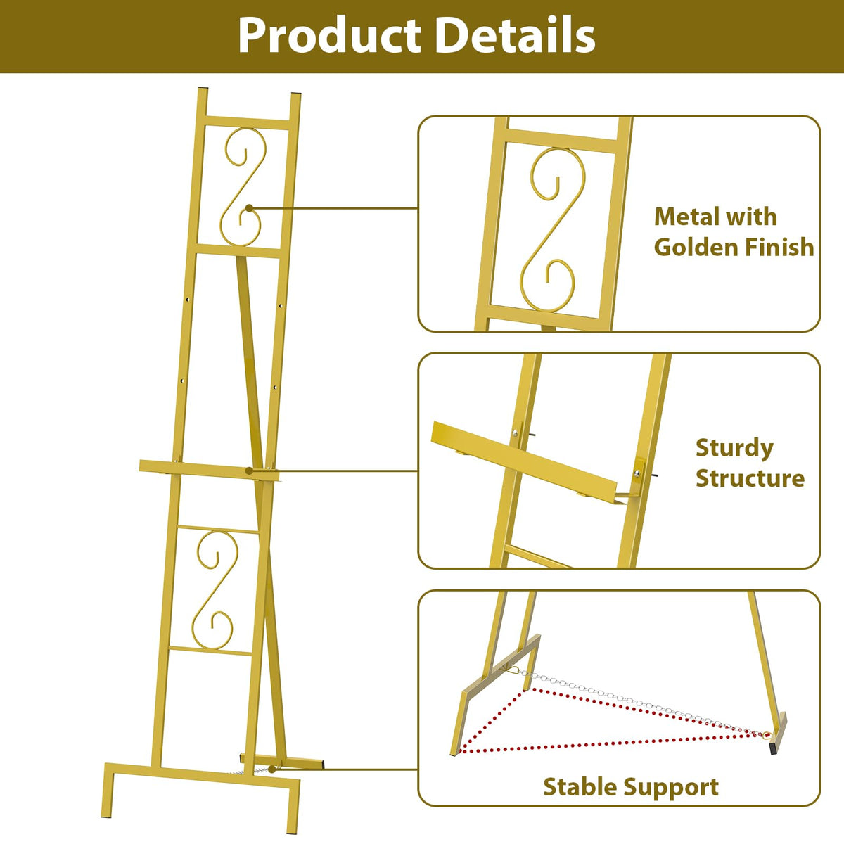 2 Pack Gold Easel Stand for Sign, Adjustable Metal Easels with Chain Support, Welcome Sign Stand for Painting, Display, Poster Picture, Wedding Sign (17" x 17" x 58")