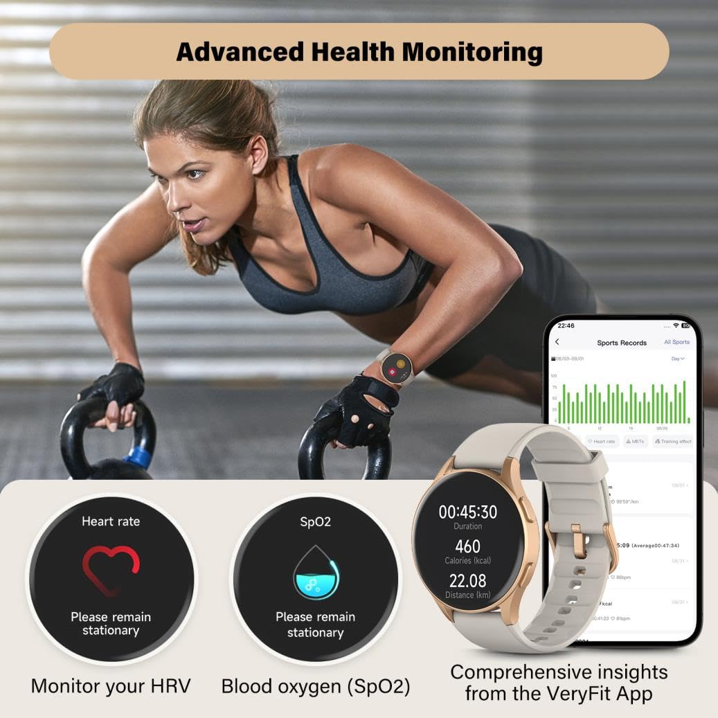 QIPOPC Smart Watch for Women Men, Built-in Alexa, GPS, HRV, VO2 Max, Blood Oxygen, Sleep & Stress Monitor, Compass, Altimeter, 1.32" AMOLED, Fitness & Women’s Health, iOS Compatible (Gold, 43mm case)
